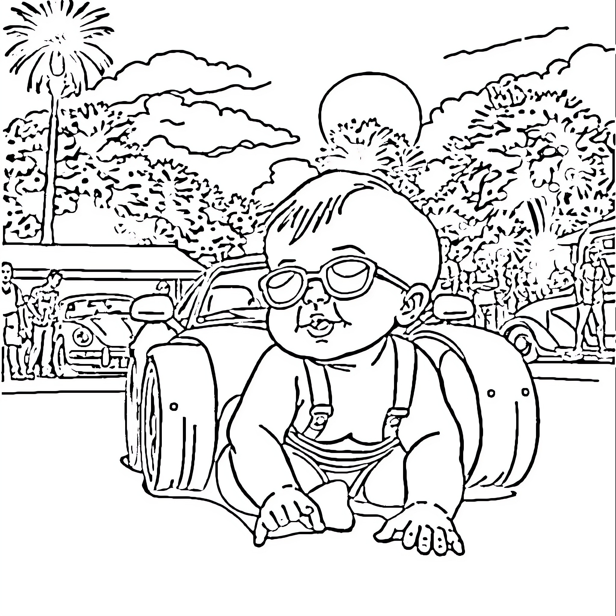 Summernats Baby enjoying the festivities Coloring Page (free black-and-white line drawing printable PDF for all, from beginners to advanced learners, including children, teens, adults, and seniors)