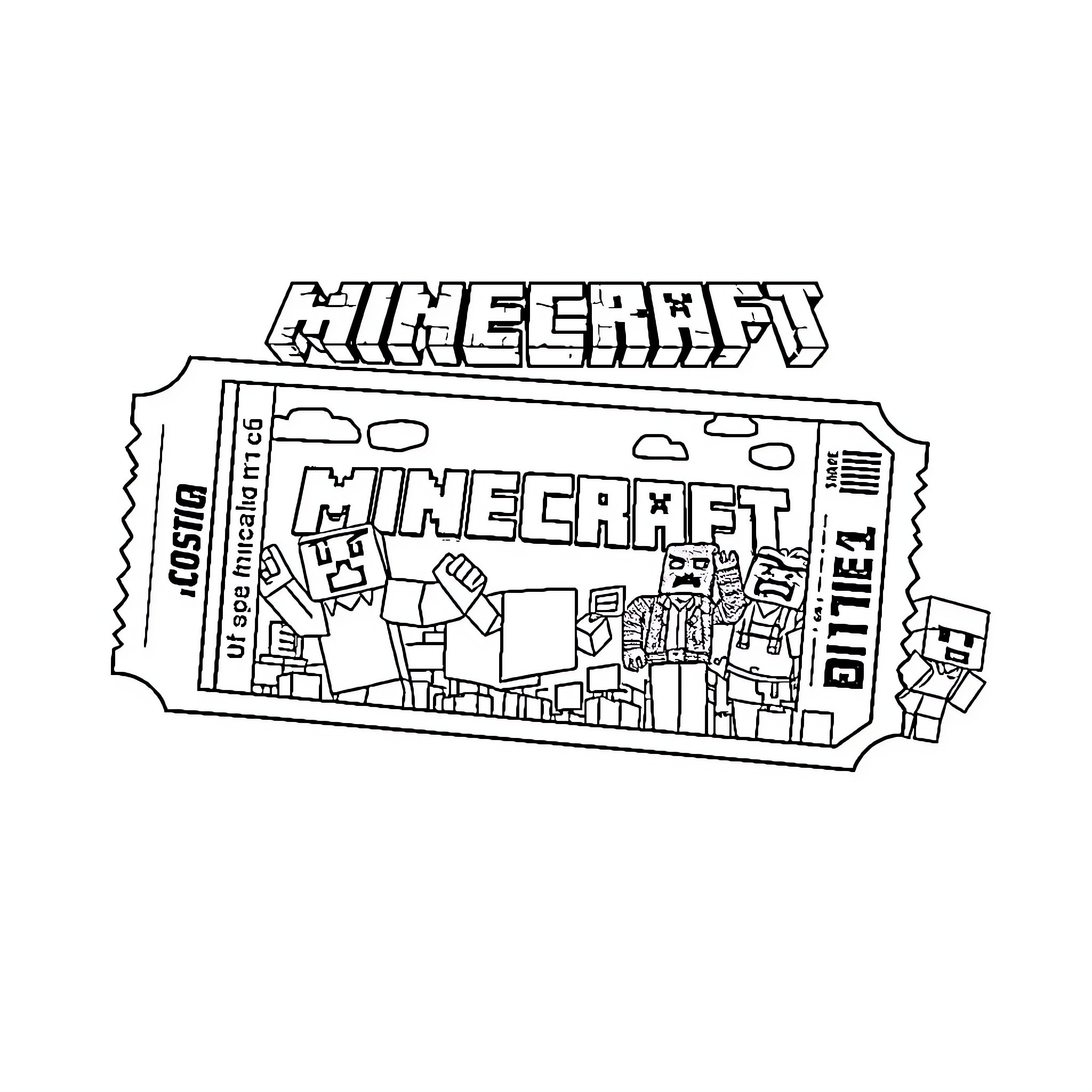 Minecraft Characters on Admission Ticket Coloring Page (free black-and-white line drawing printable PDF for all, from beginners to advanced learners, including children, teens, adults, and seniors)