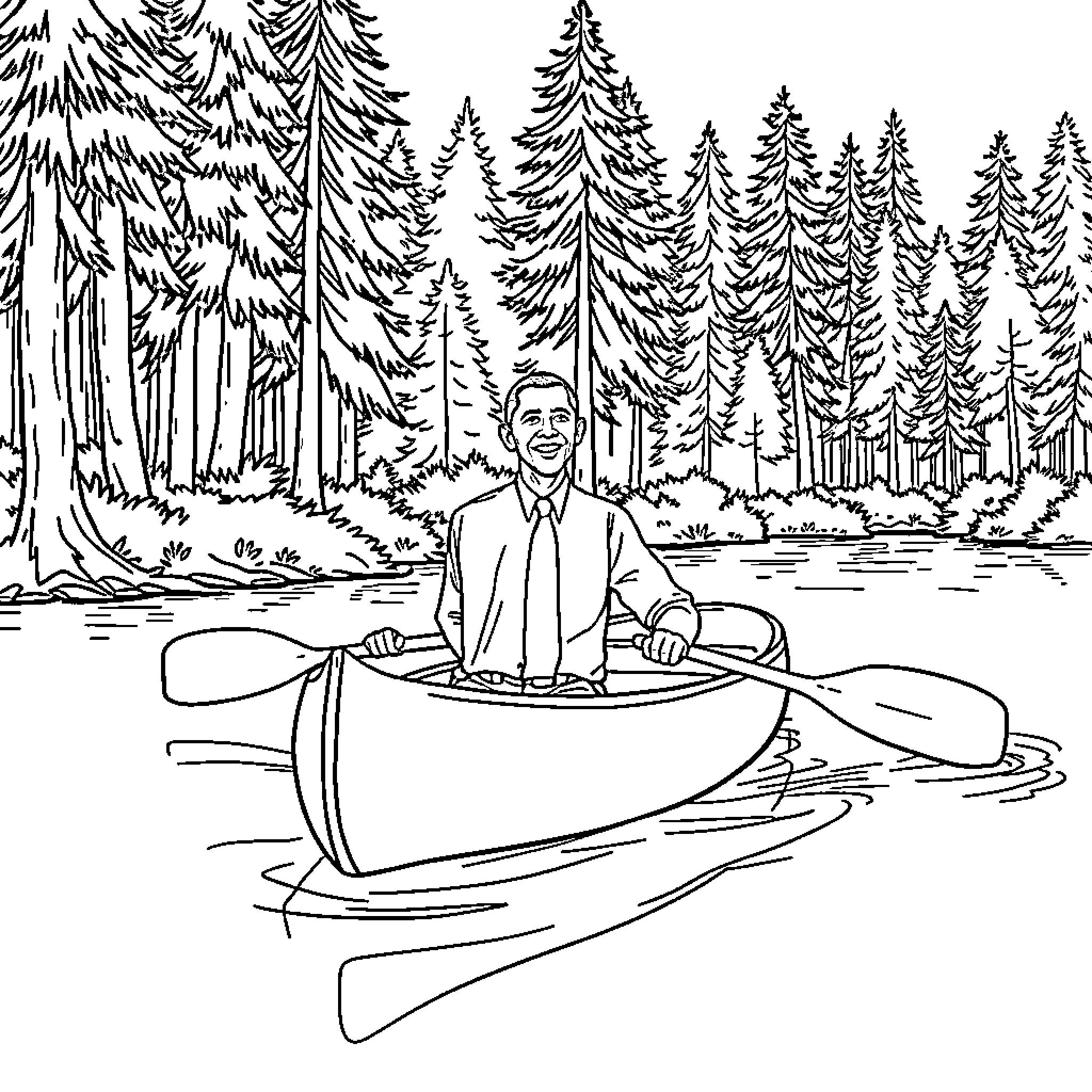 Barack Obama kayaking in the forest Coloring Page (free black-and-white line drawing printable PDF for all, from beginners to advanced learners, including children, teens, adults, and seniors)