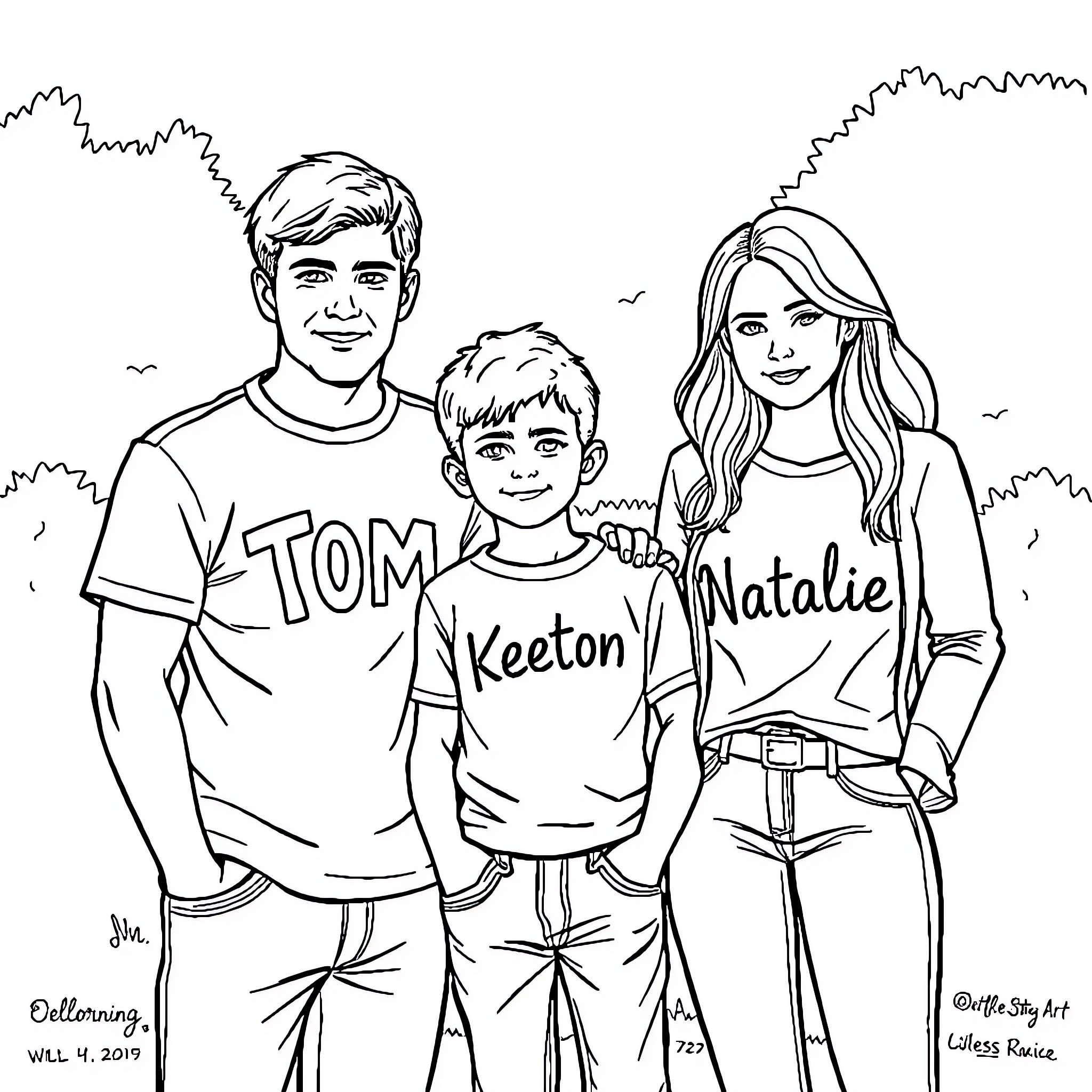 Person with child and woman posing outdoors Coloring Page (free black-and-white line drawing printable PDF for all, from beginners to advanced learners, including children, teens, adults, and seniors)