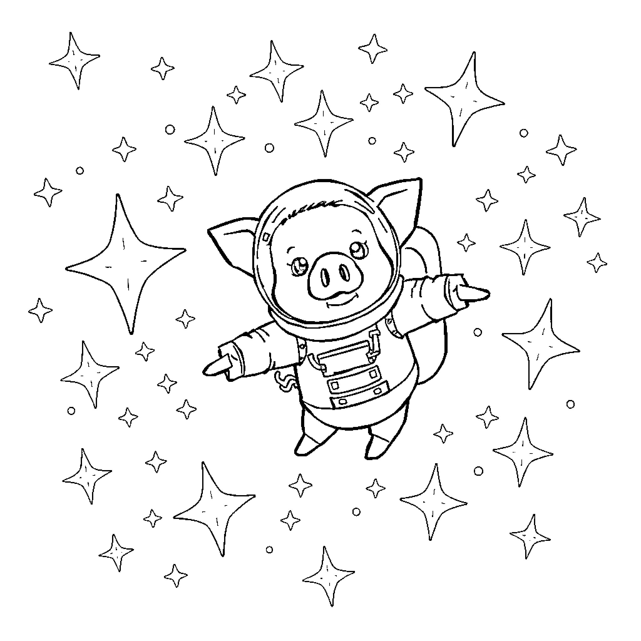 Pig astronaut exploring the starry galaxy Coloring Page (free black-and-white line drawing printable PDF for all, from beginners to advanced learners, including children, teens, adults, and seniors)