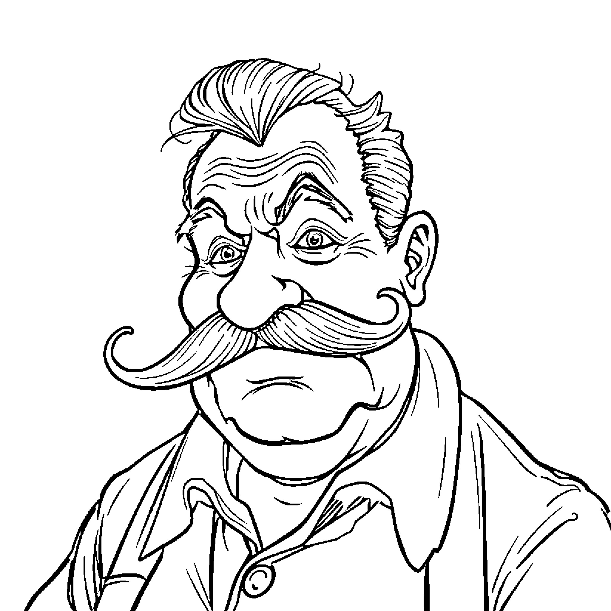 Hunchback character with a distinctive mustache and furrowed brows Coloring Page (free black-and-white line drawing printable PDF for all, from beginners to advanced learners, including children, teens, adults, and seniors)