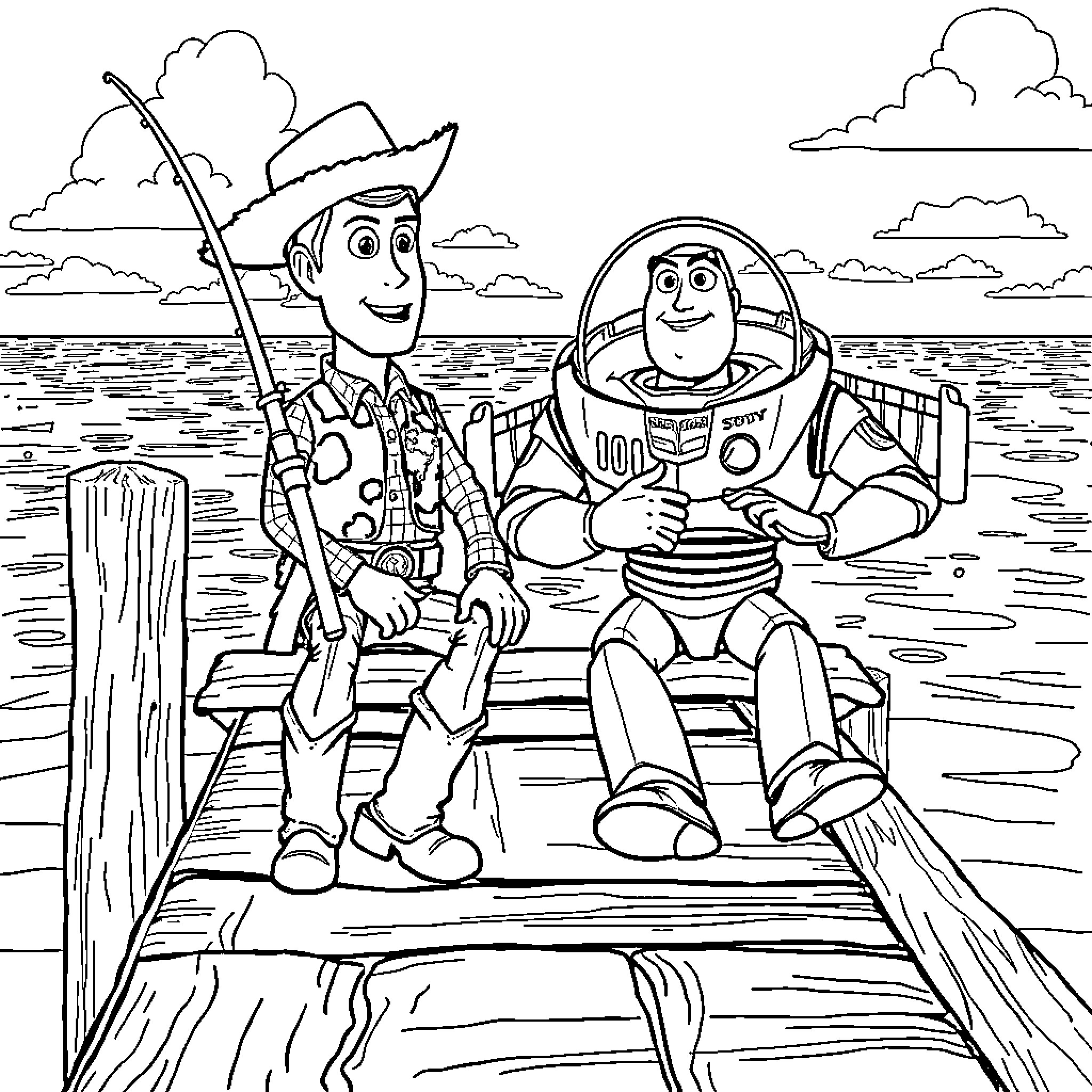 Woody and Buzz enjoying an outdoor adventure Coloring Page (free black-and-white line drawing printable PDF for all, from beginners to advanced learners, including children, teens, adults, and seniors)