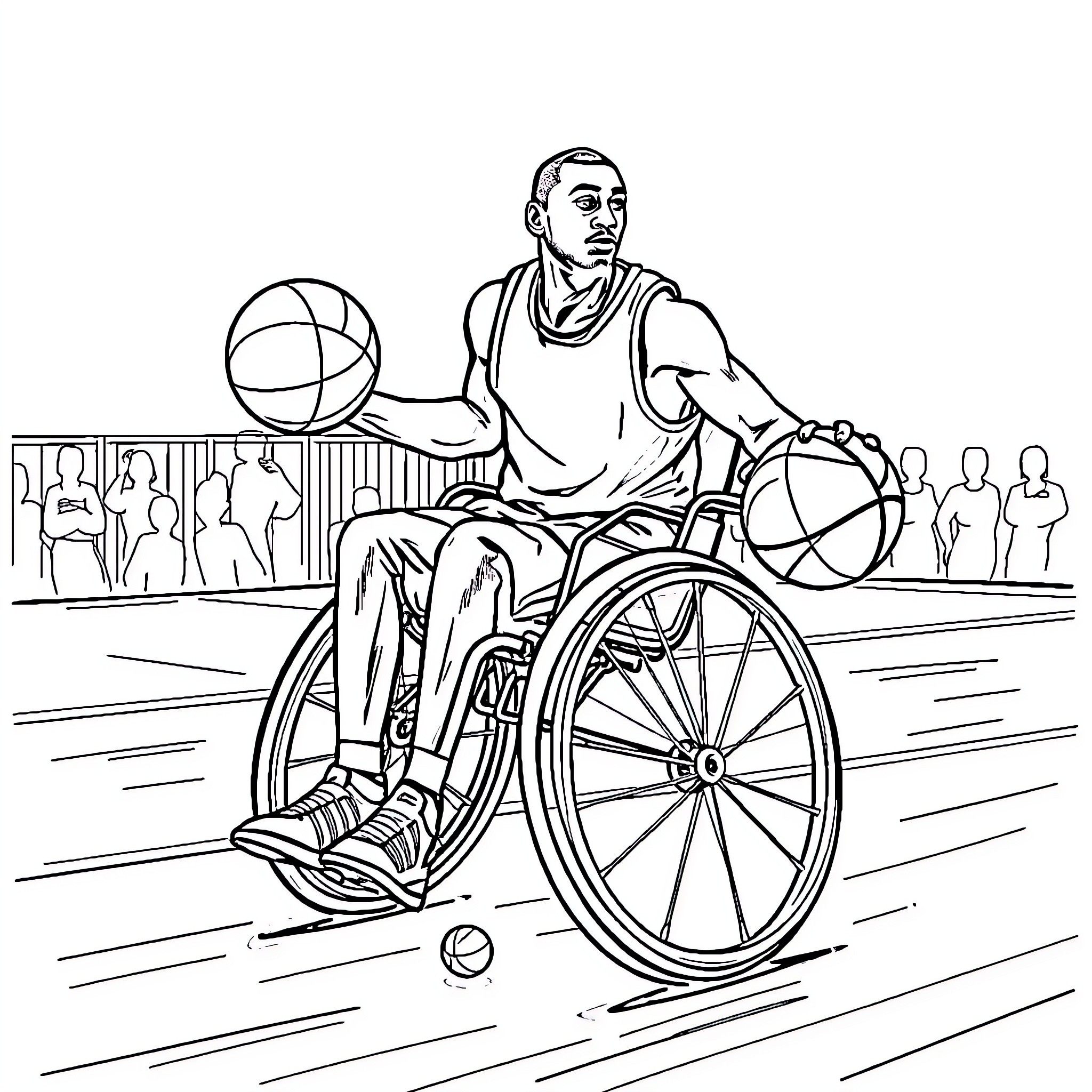 Basketball player in wheelchair on the court Coloring Page (free black-and-white line drawing printable PDF for all, from beginners to advanced learners, including children, teens, adults, and seniors)