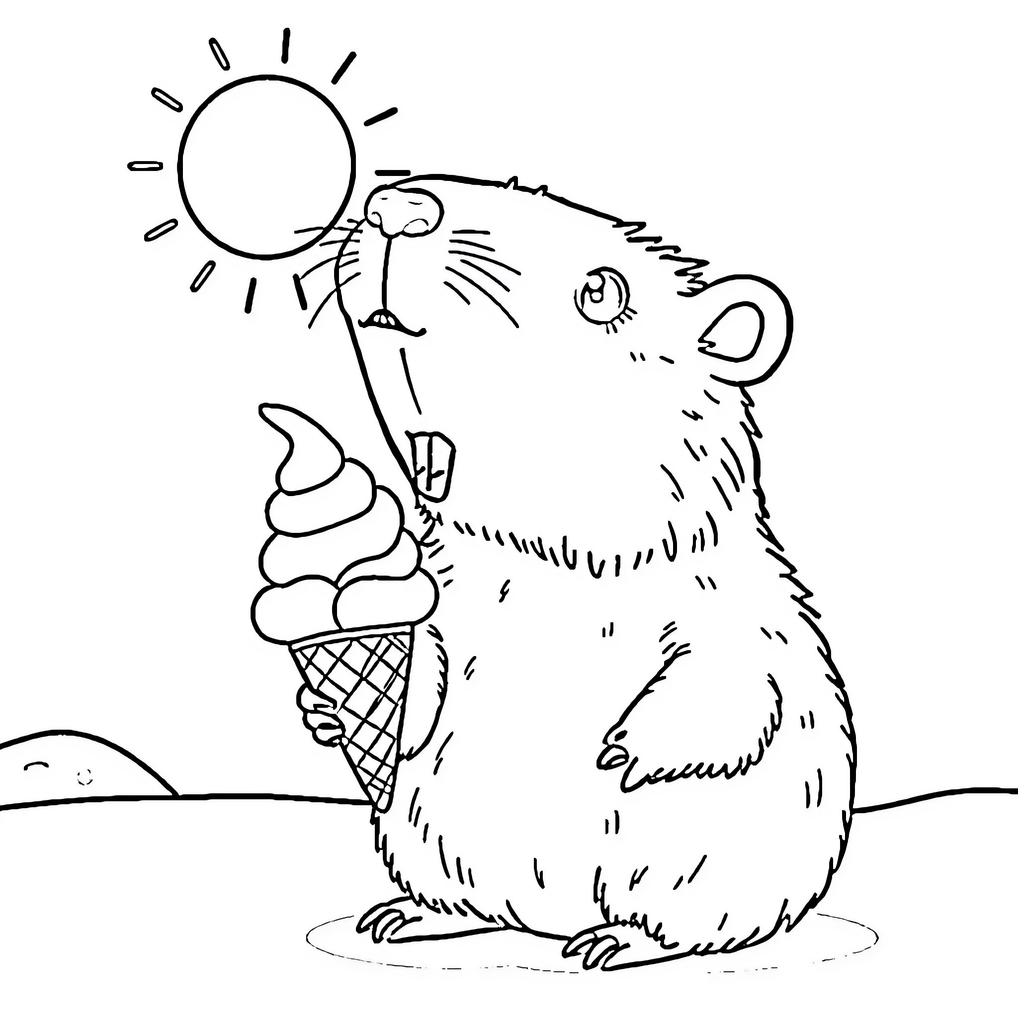Capybara enjoying an ice cream cone on a sunny day Coloring Page (free black-and-white line drawing printable PDF for all, from beginners to advanced learners, including children, teens, adults, and seniors)