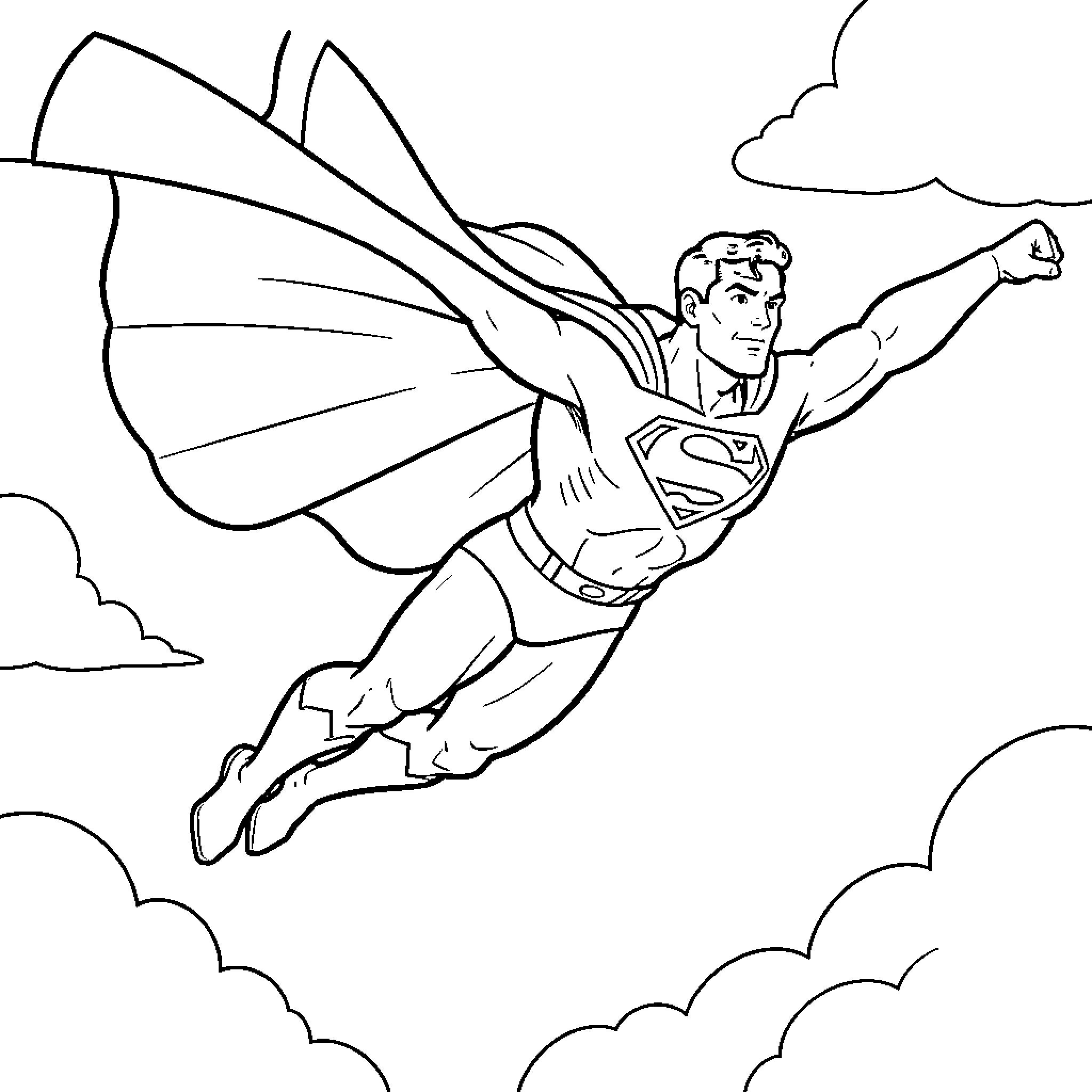 Superman flying heroically through the sky Coloring Page (free black-and-white line drawing printable PDF for all, from beginners to advanced learners, including children, teens, adults, and seniors)