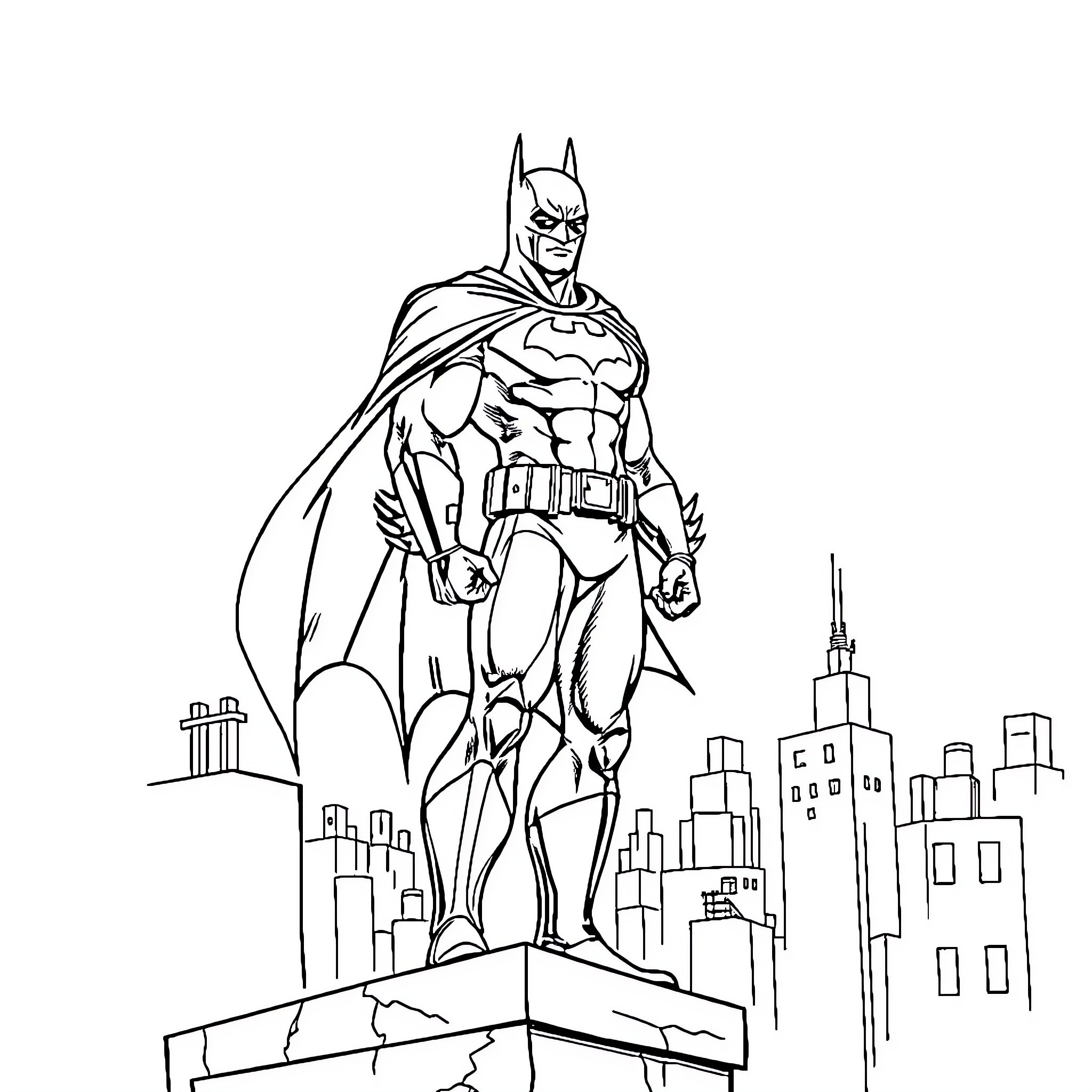 Bat hero standing tall over the city Coloring Page (free black-and-white line drawing printable PDF for all, from beginners to advanced learners, including children, teens, adults, and seniors)