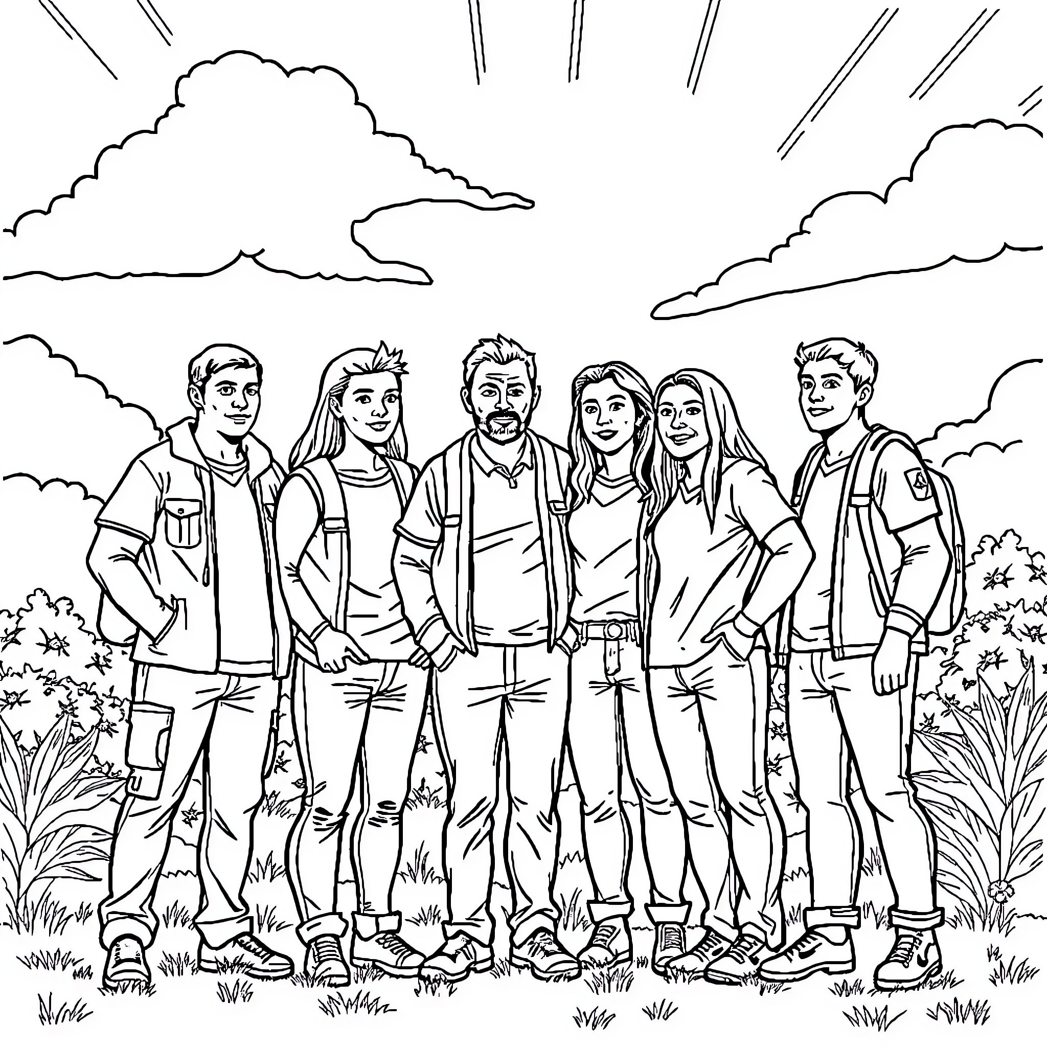 Rosenberg Family's Outdoor Adventure Coloring Page (free black-and-white line drawing printable PDF for all, from beginners to advanced learners, including children, teens, adults, and seniors)
