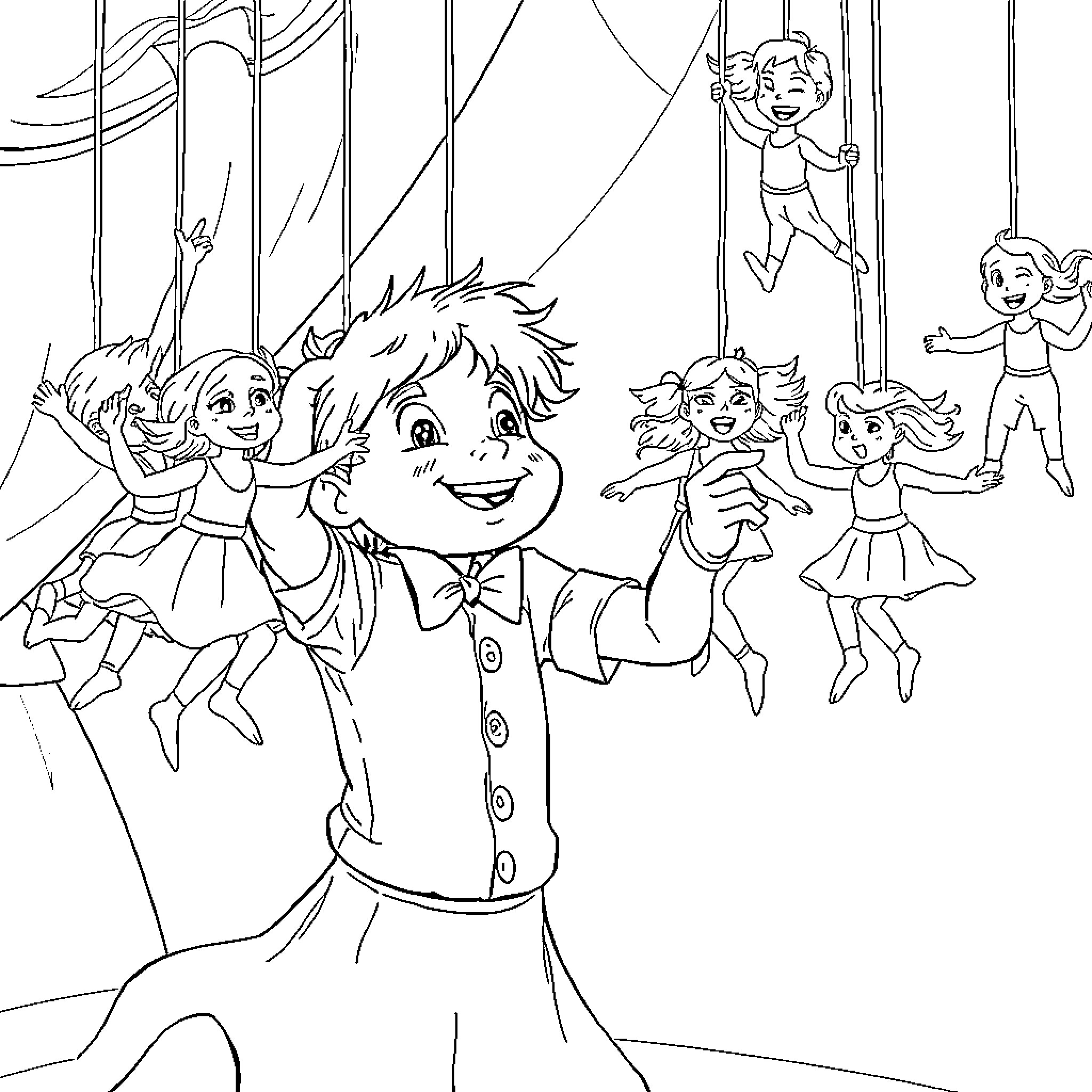 Grabber's Joyful Circus Performance Coloring Page (free black-and-white line drawing printable PDF for all, from beginners to advanced learners, including children, teens, adults, and seniors)