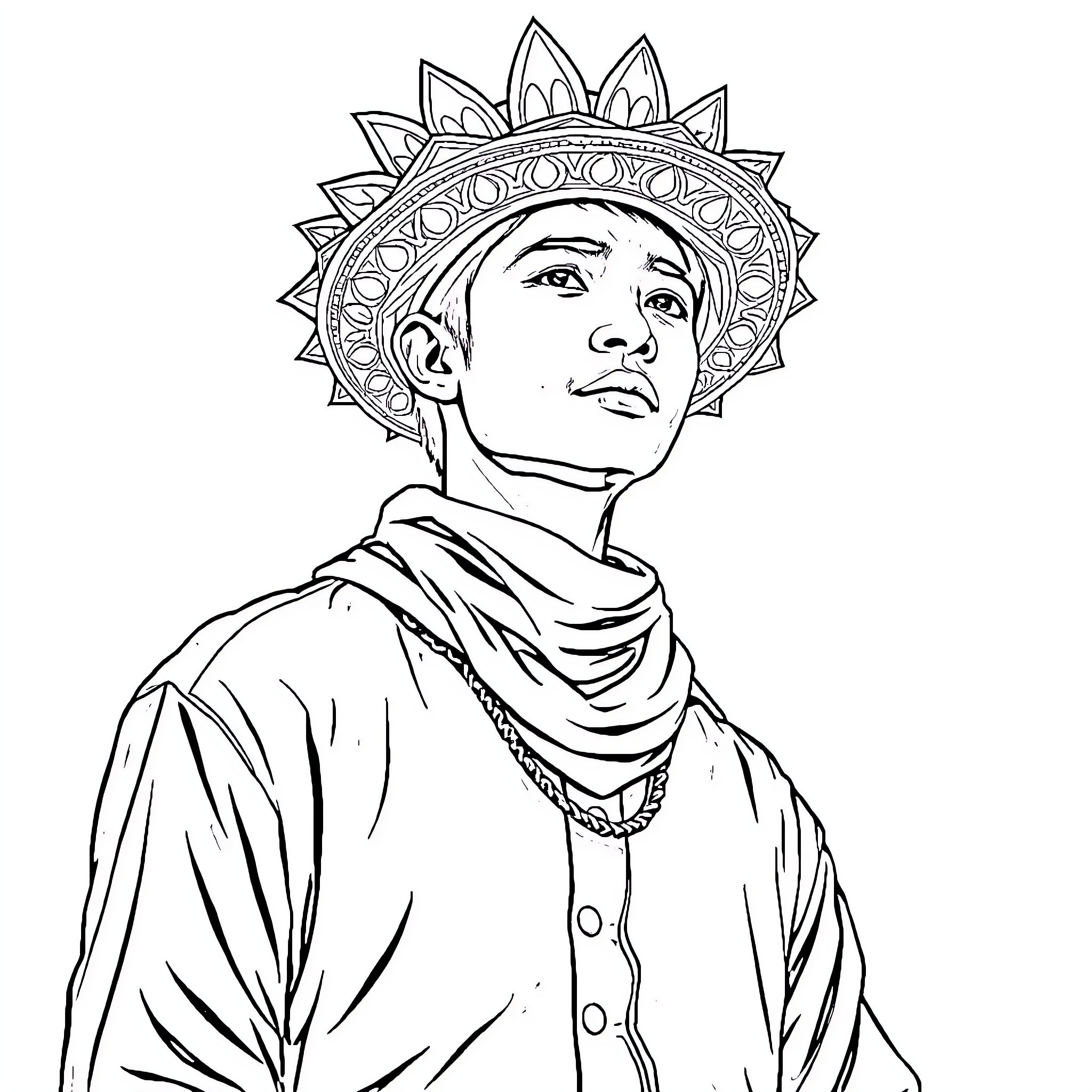 Wealthy Person in Ornate Attire Coloring Page (free black-and-white line drawing printable PDF for all, from beginners to advanced learners, including children, teens, adults, and seniors)