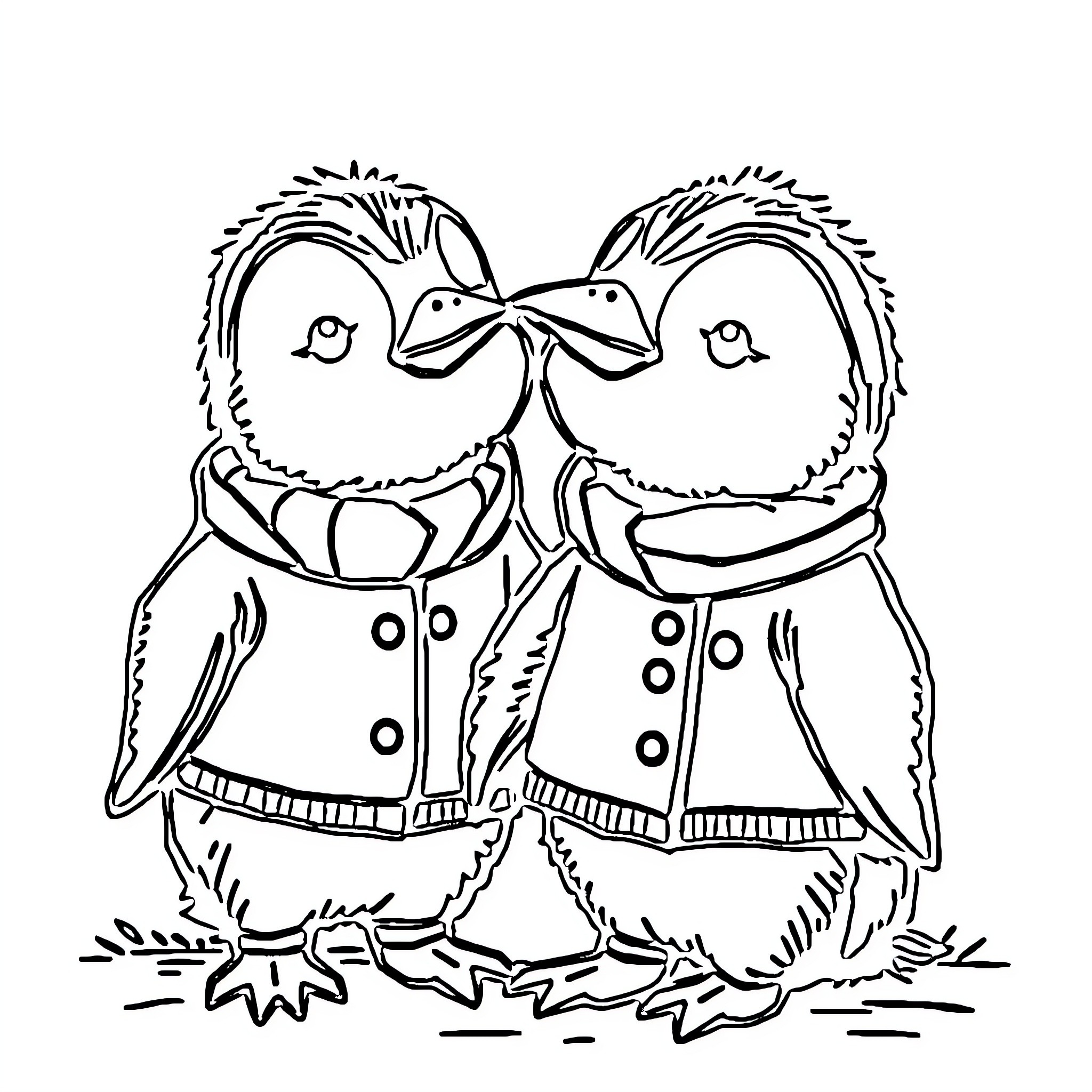 Duck Companions in Matching Outfits Coloring Page (free black-and-white line drawing printable PDF for all, from beginners to advanced learners, including children, teens, adults, and seniors)