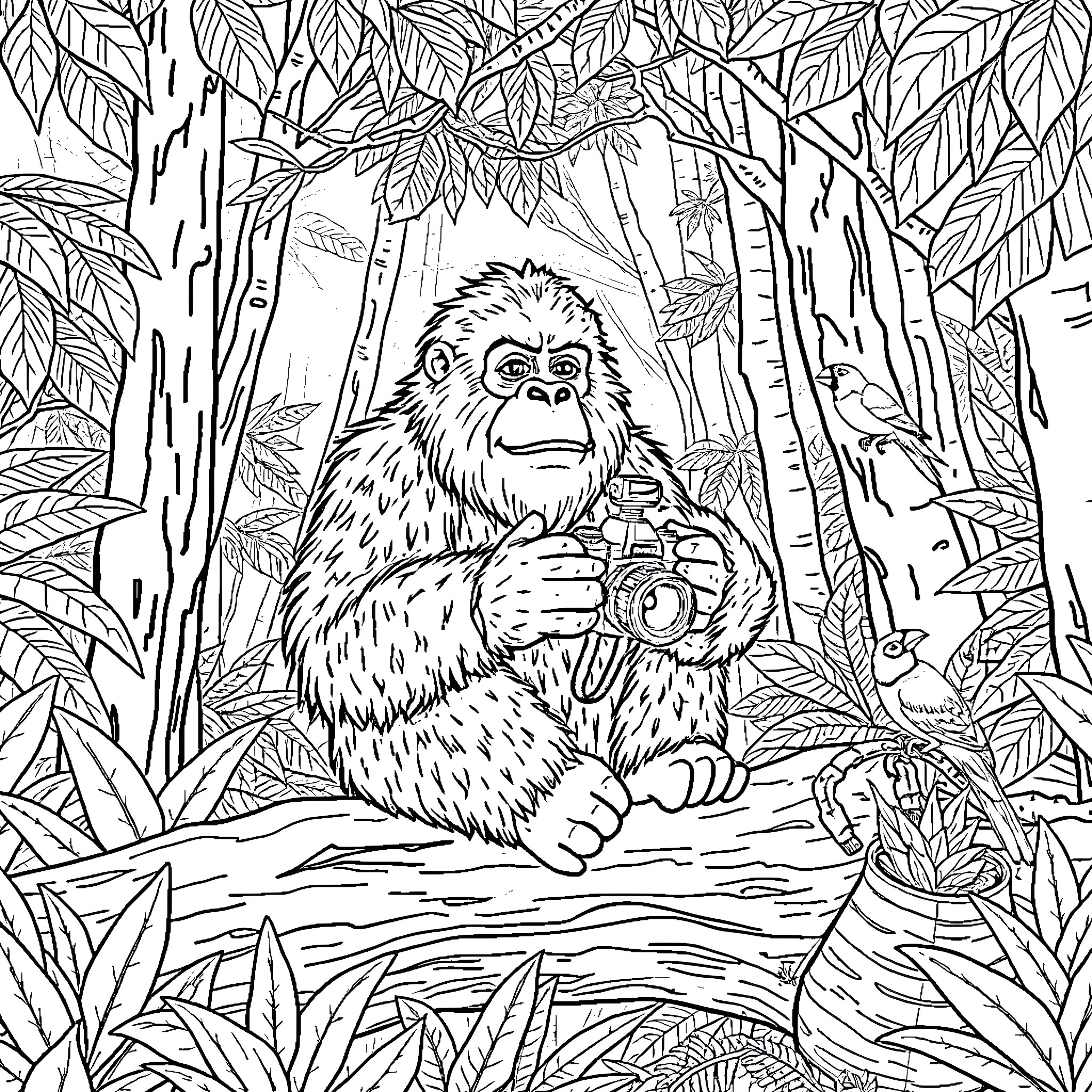 Sasquatch in the Enchanted Forest Coloring Page (free black-and-white line drawing printable PDF for all, from beginners to advanced learners, including children, teens, adults, and seniors)