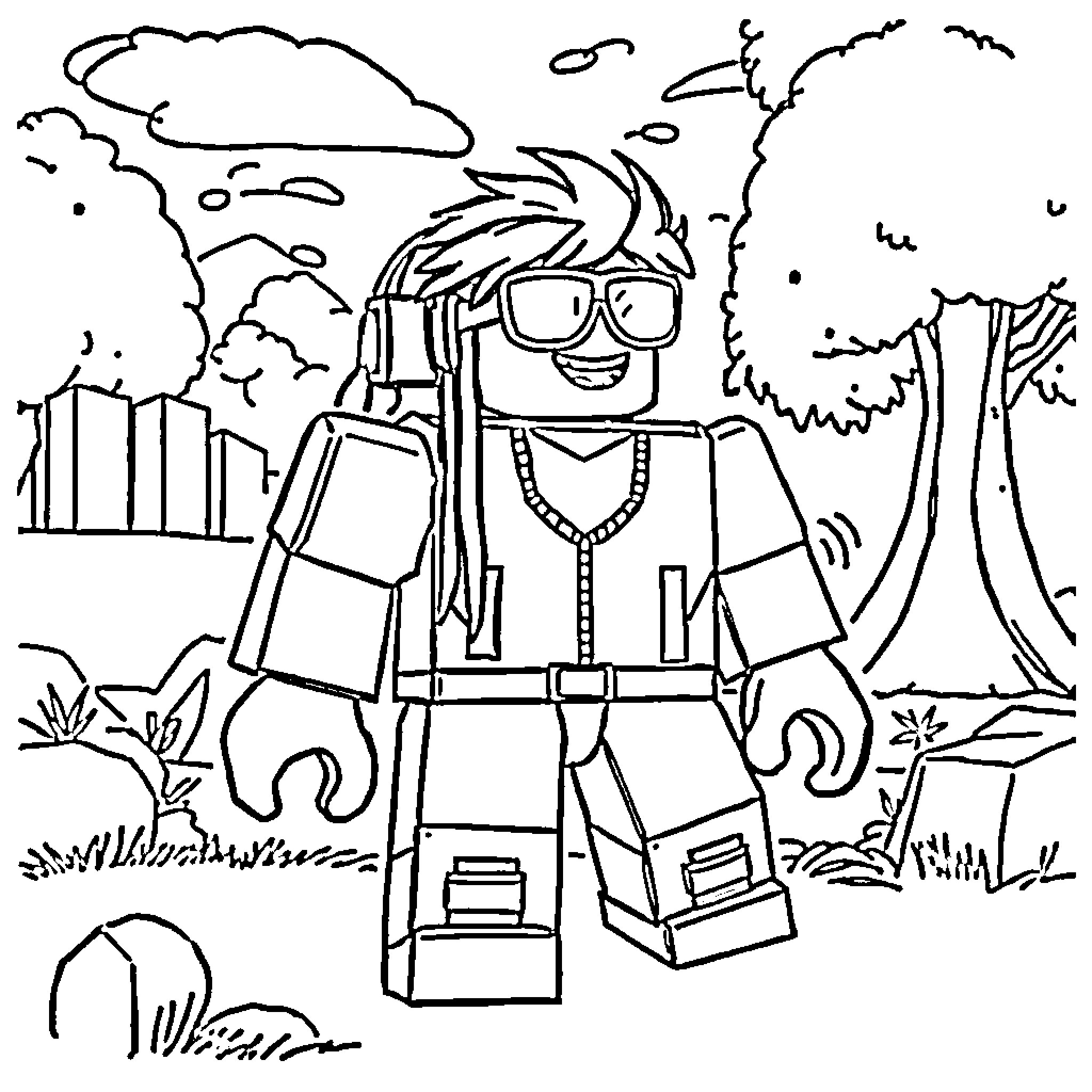 Roblox character exploring the outdoors Coloring Page (free black-and-white line drawing printable PDF for all, from beginners to advanced learners, including children, teens, adults, and seniors)