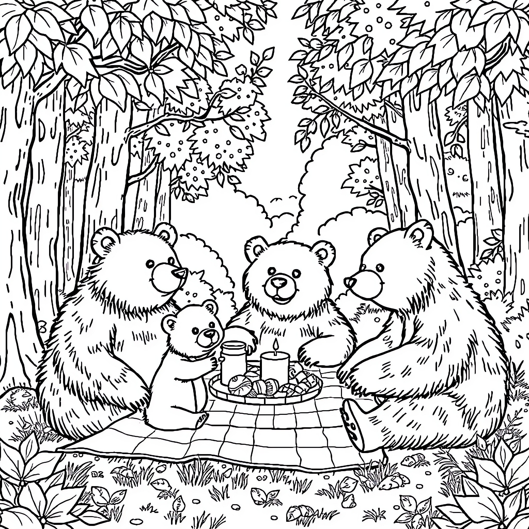 Bear family enjoying a picnic in the forest Coloring Page (free black-and-white line drawing printable PDF for all, from beginners to advanced learners, including children, teens, adults, and seniors)