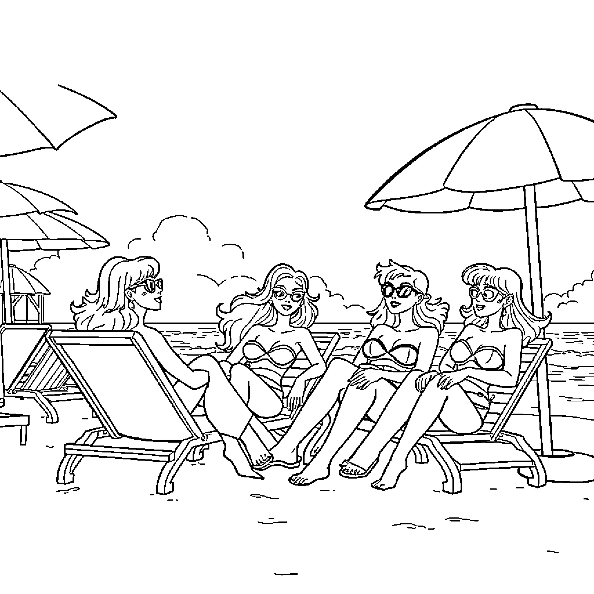 Spies enjoying a beach vacation Coloring Page (free black-and-white line drawing printable PDF for all, from beginners to advanced learners, including children, teens, adults, and seniors)