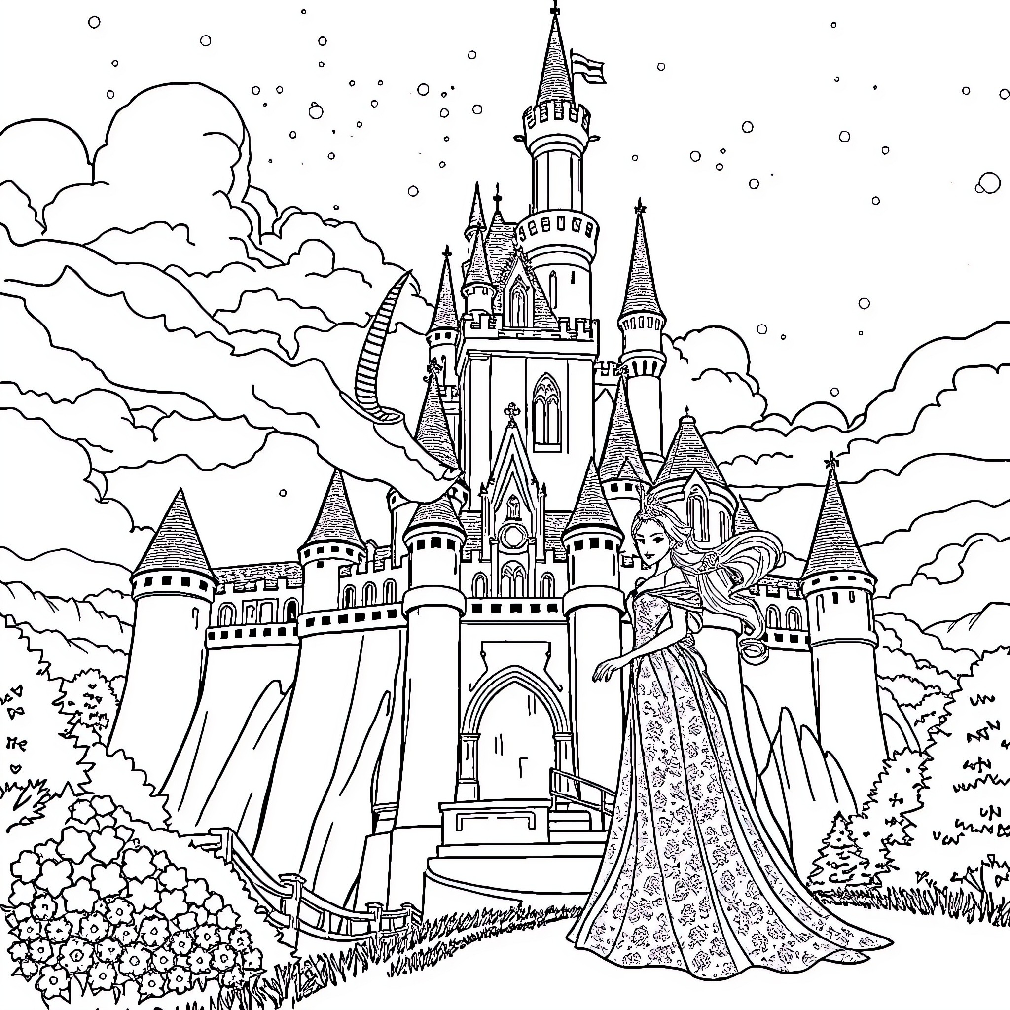 Unicorn and fairy tale princess at enchanted castle Coloring Page (free black-and-white line drawing printable PDF for all, from beginners to advanced learners, including children, teens, adults, and seniors)