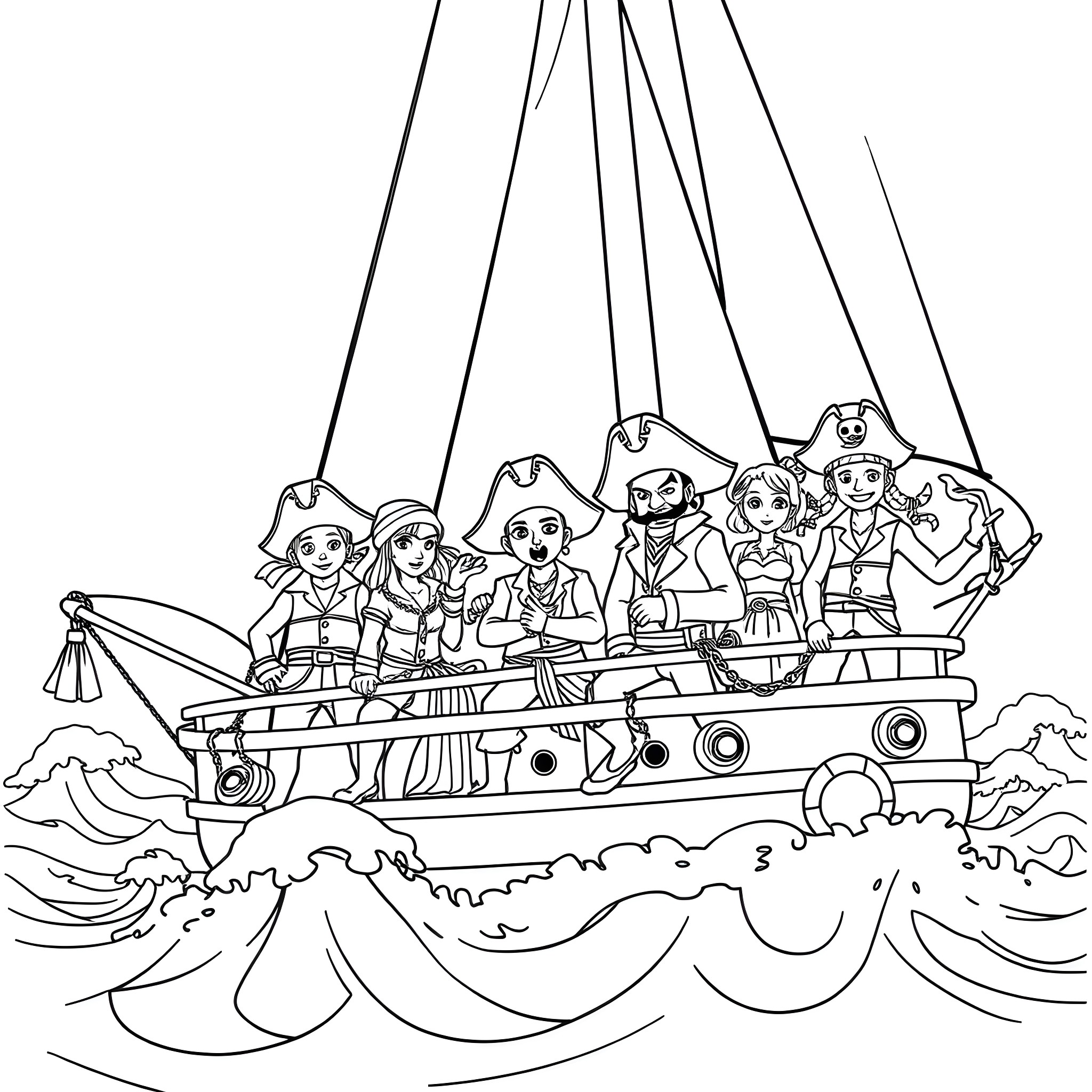 Strawhat Crew sailing on a ship in the seas Coloring Page (free black-and-white line drawing printable PDF for all, from beginners to advanced learners, including children, teens, adults, and seniors)