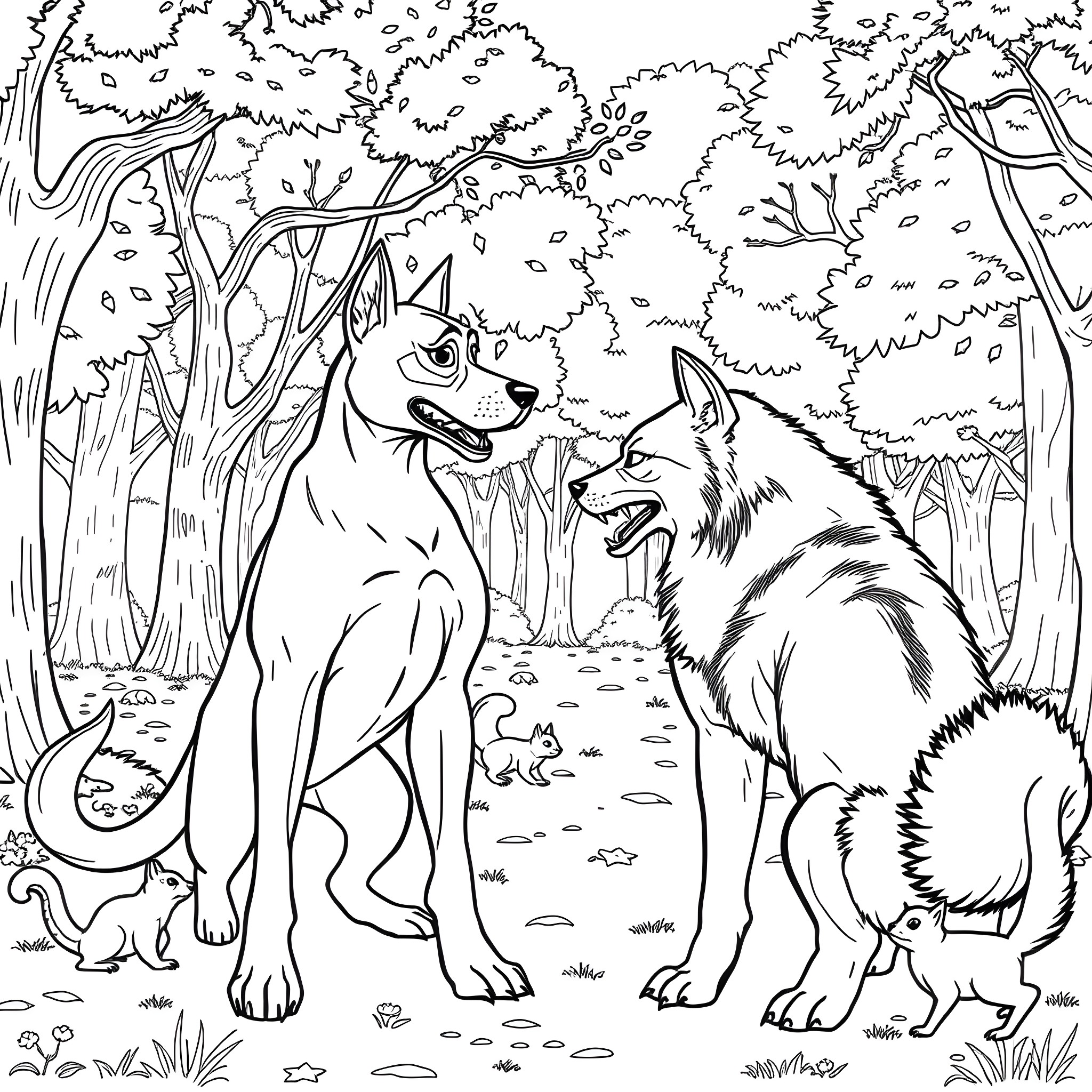 Dogman Howling in the Enchanted Forest Coloring Page (free black-and-white line drawing printable PDF for all, from beginners to advanced learners, including children, teens, adults, and seniors)