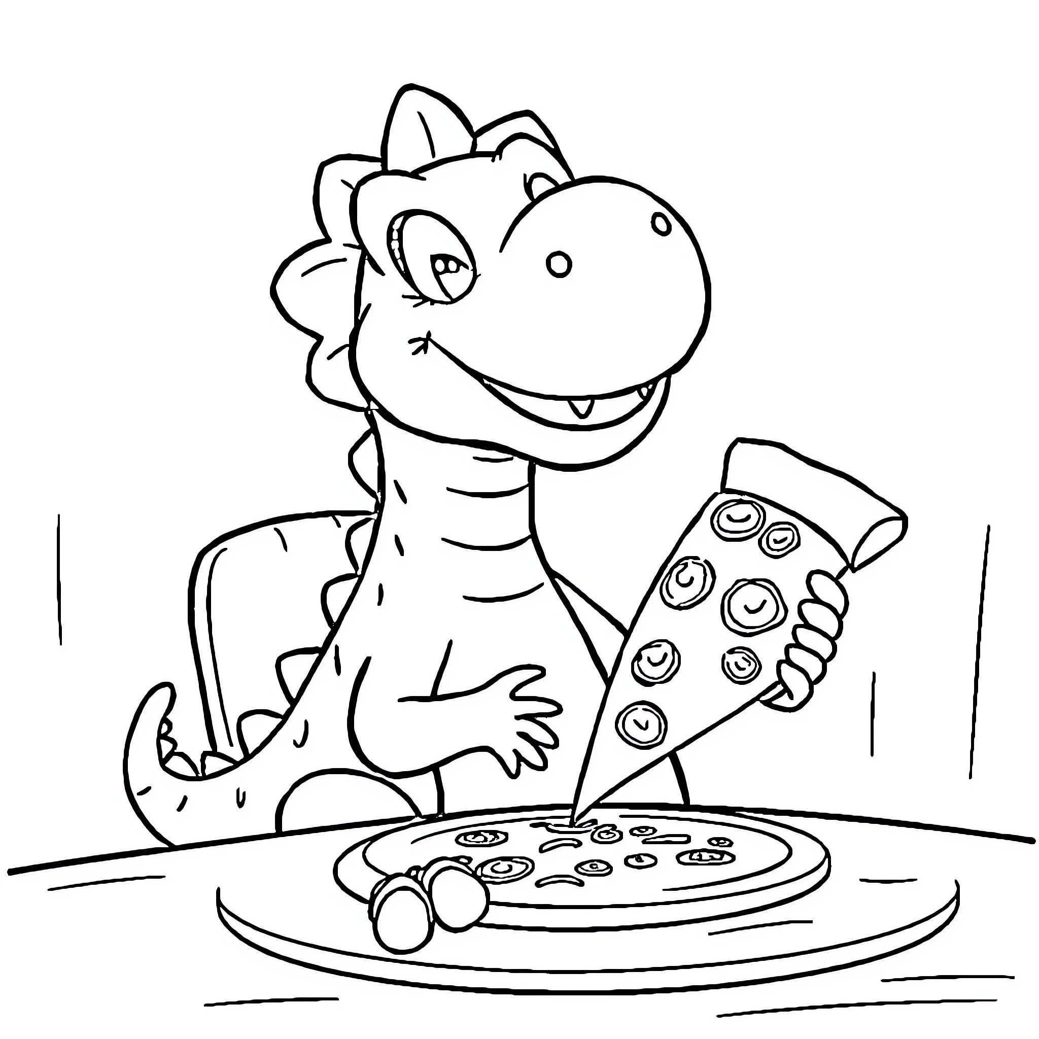 Dinosaur enjoying a delicious pizza Coloring Page (free black-and-white line drawing printable PDF for all, from beginners to advanced learners, including children, teens, adults, and seniors)