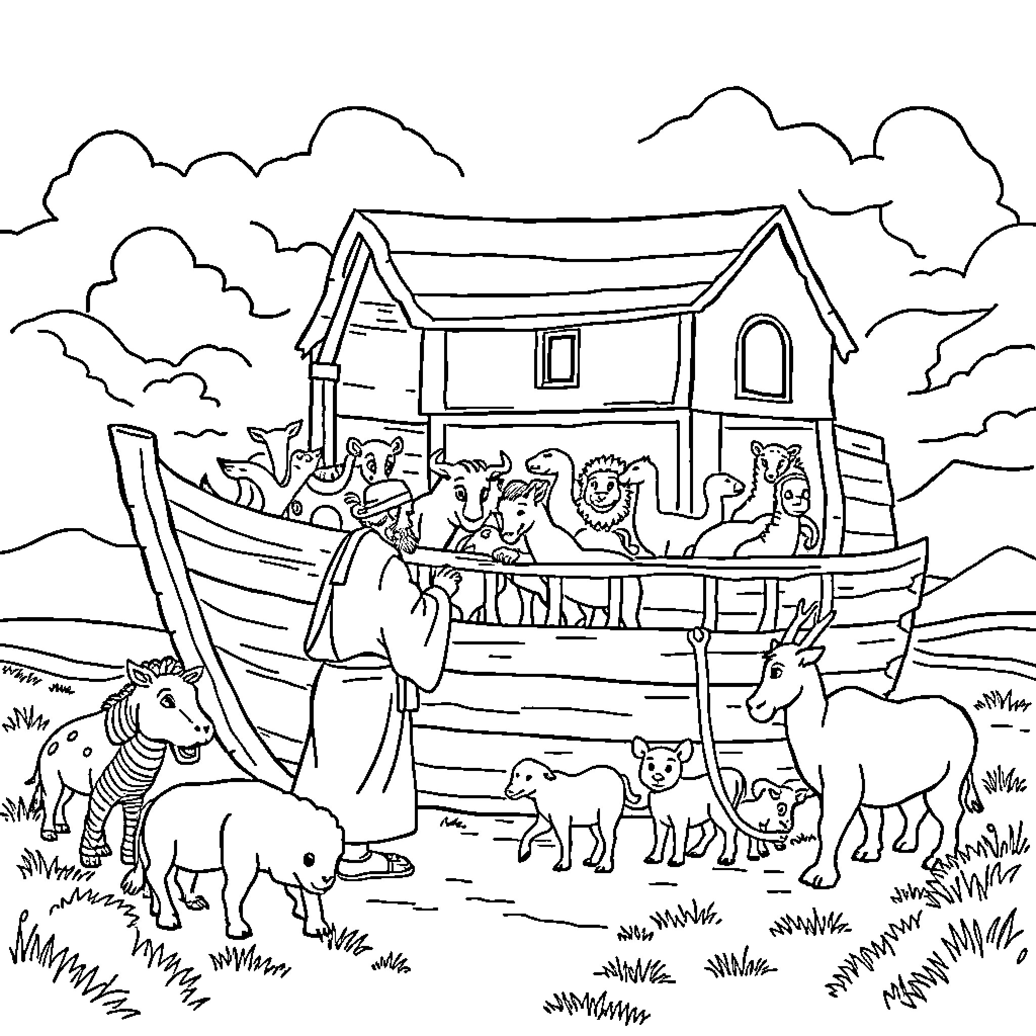 Noah's Ark Journey with Animals and People Coloring Page (free black-and-white line drawing printable PDF for all, from beginners to advanced learners, including children, teens, adults, and seniors)