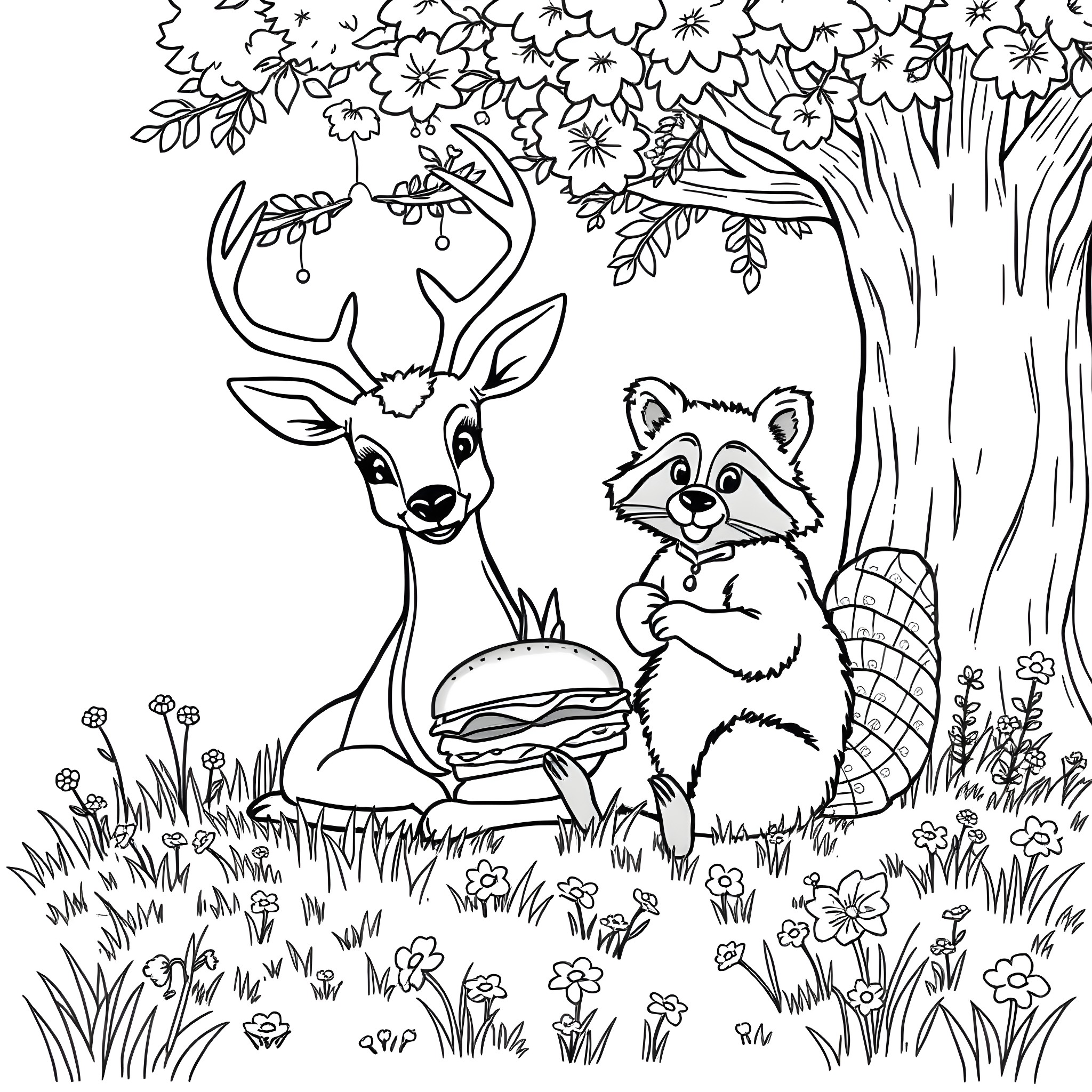 Deer and Raccoon Enjoying Nature's Beauty Coloring Page (free black-and-white line drawing printable PDF for all, from beginners to advanced learners, including children, teens, adults, and seniors)