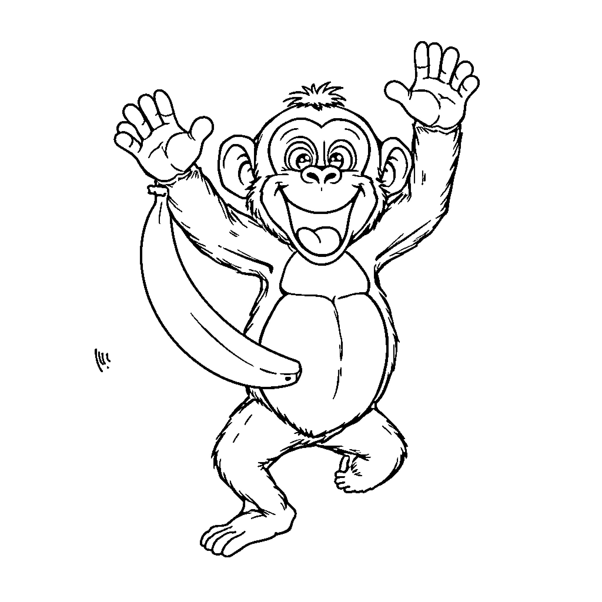 Chimp Joyfully Waving with Bananas Coloring Page (free black-and-white line drawing printable PDF for all, from beginners to advanced learners, including children, teens, adults, and seniors)