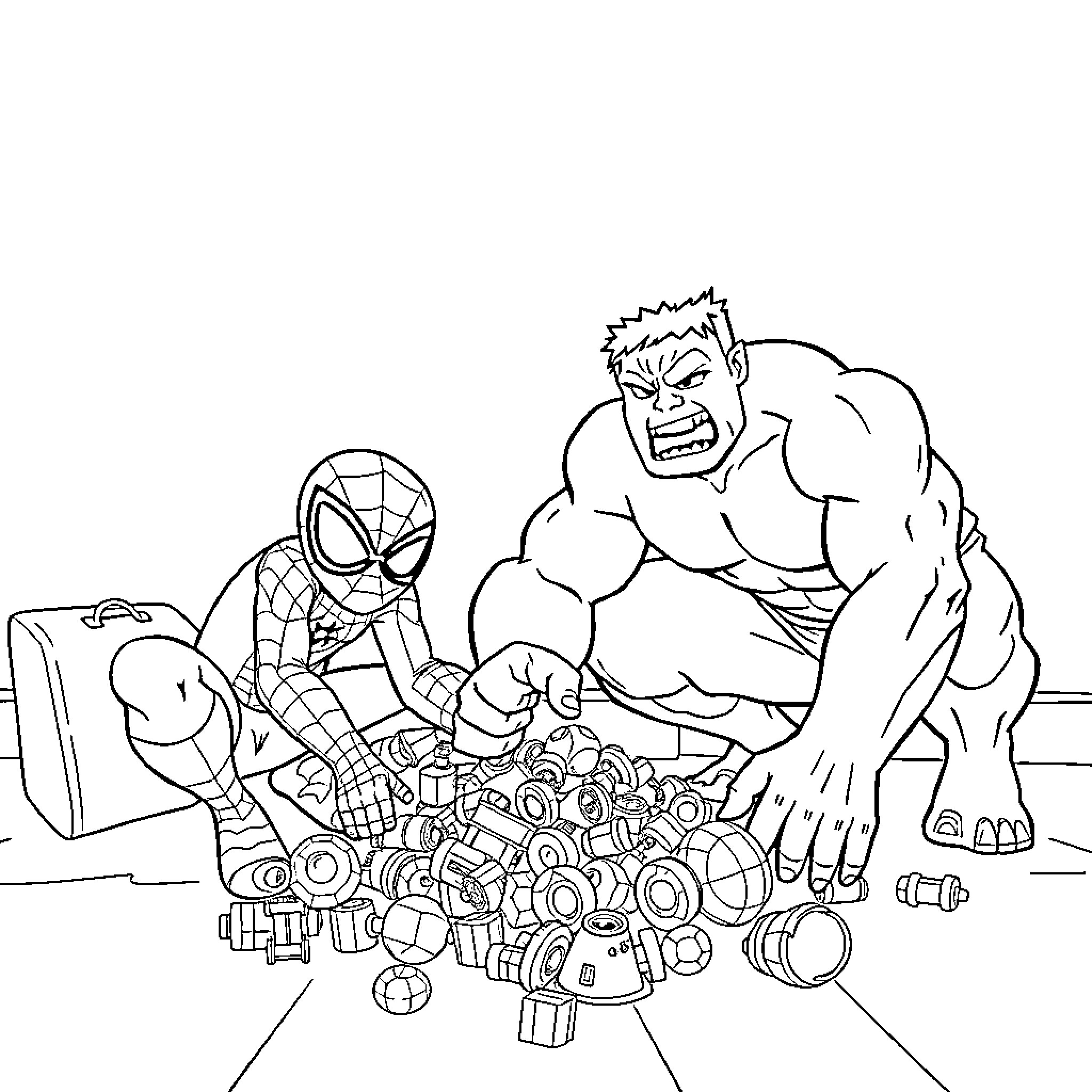 Spiderman and Hulk repairing toys and gadgets Coloring Page (free black-and-white line drawing printable PDF for all, from beginners to advanced learners, including children, teens, adults, and seniors)