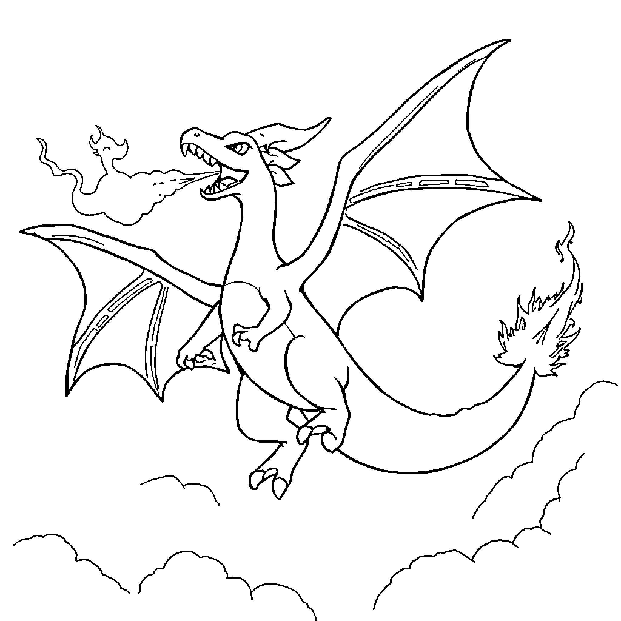 Charizard flying through the clouds Coloring Page (free black-and-white line drawing printable PDF for all, from beginners to advanced learners, including children, teens, adults, and seniors)