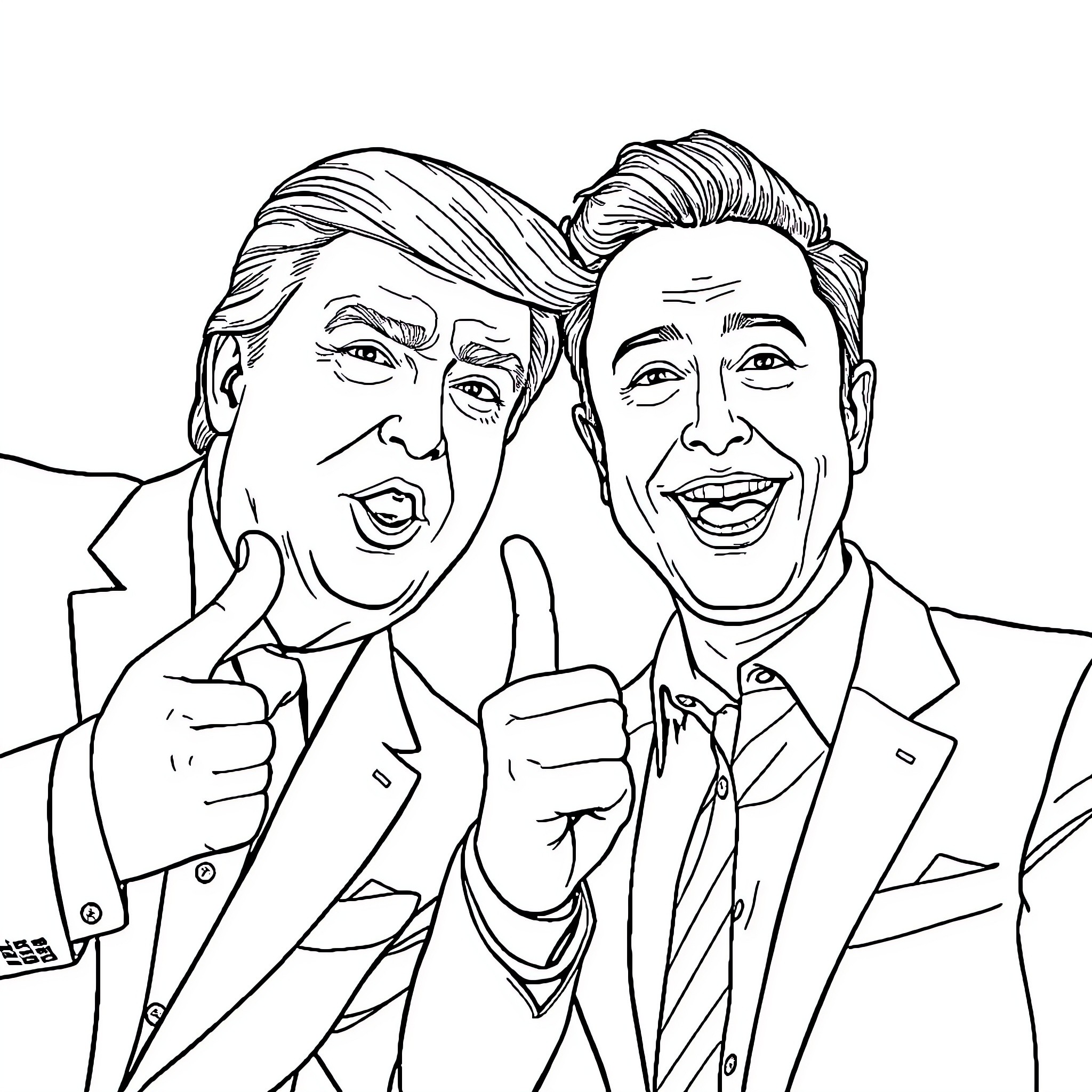 Donald Trump and Companion Giving Thumbs Up in Suits Coloring Page (free black-and-white line drawing printable PDF for all, from beginners to advanced learners, including children, teens, adults, and seniors)
