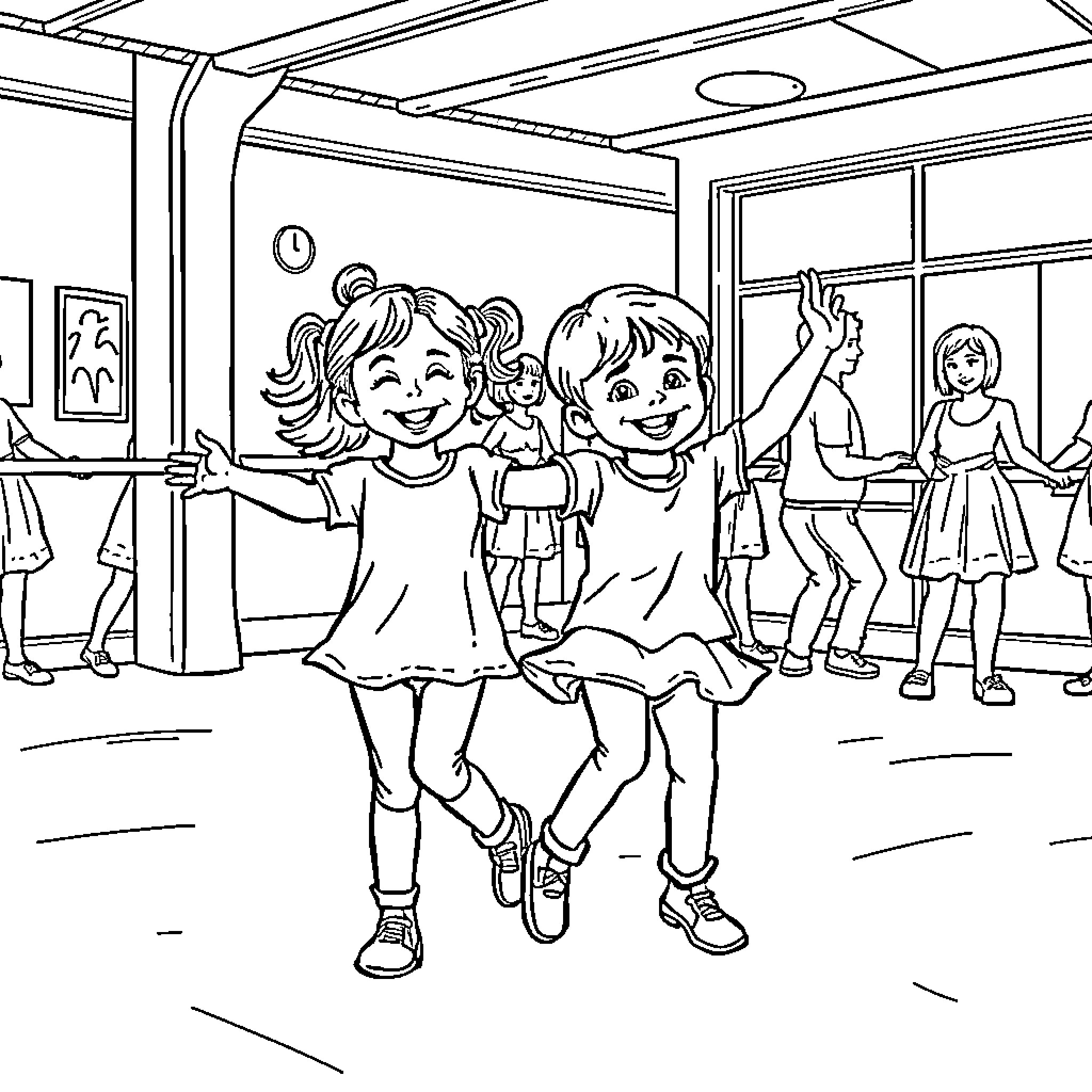 Children dancing happily in the classroom Coloring Page (free black-and-white line drawing printable PDF for all, from beginners to advanced learners, including children, teens, adults, and seniors)