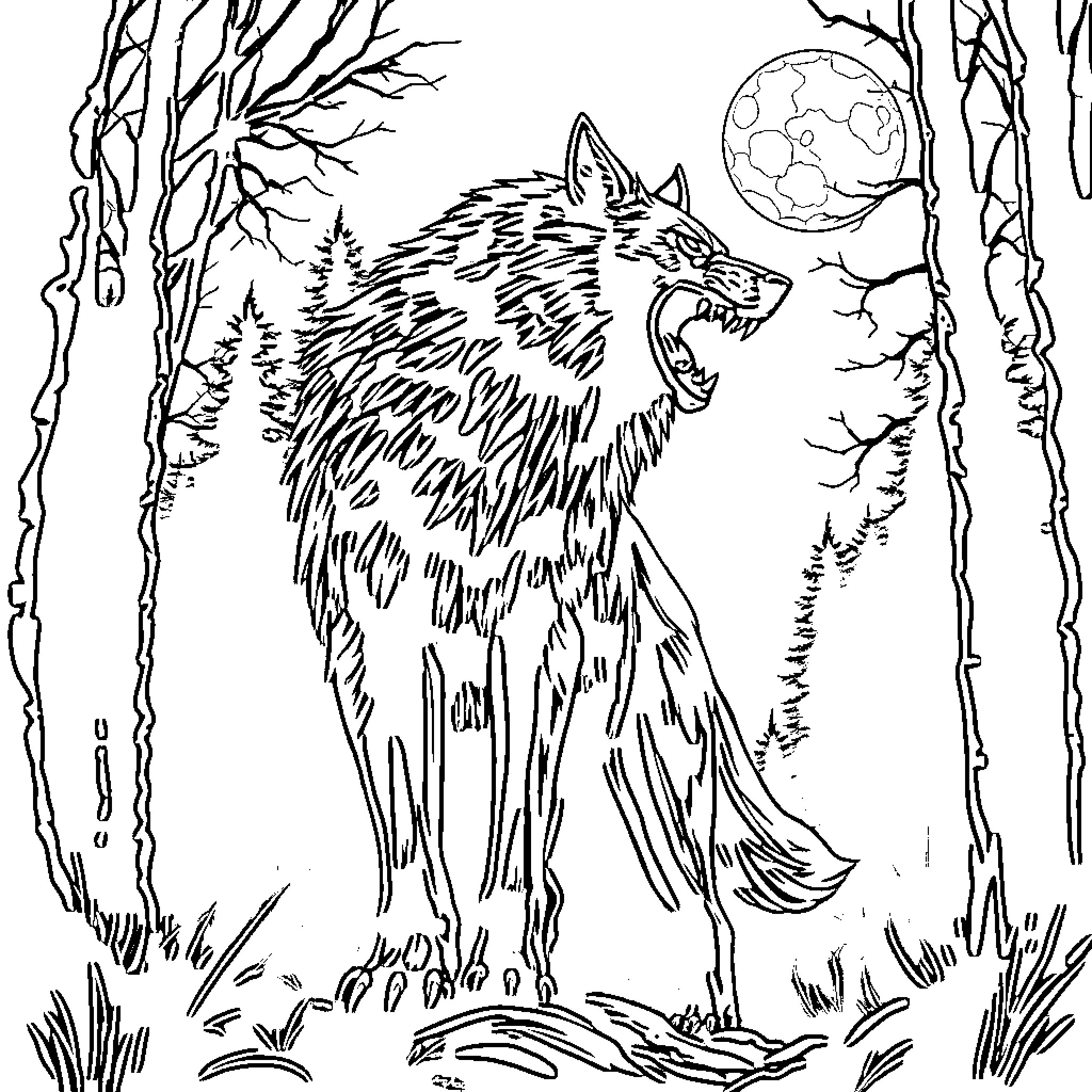 Werewolf Howling under the Moonlight in the Eerie Forest Coloring Page (free black-and-white line drawing printable PDF for all, from beginners to advanced learners, including children, teens, adults, and seniors)