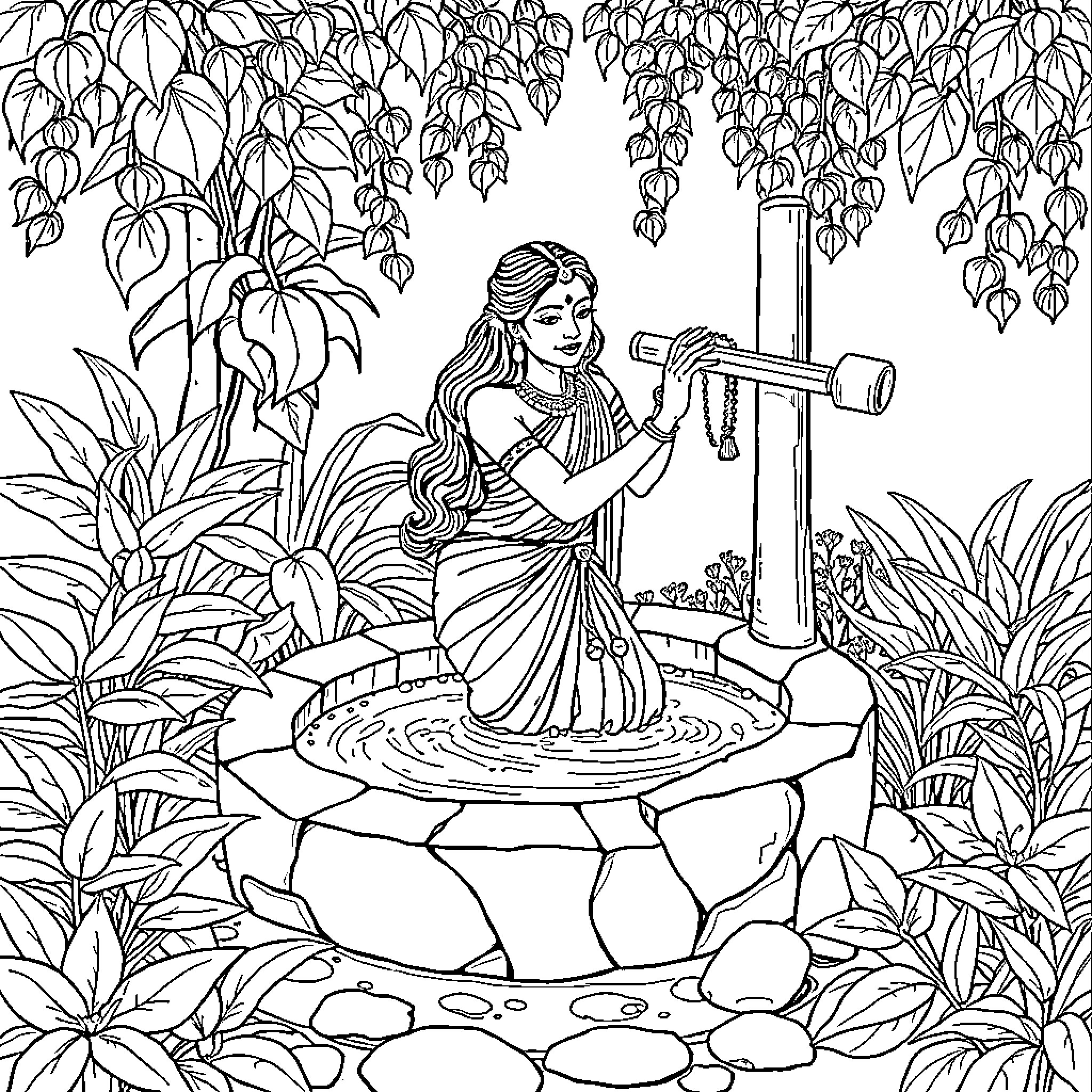 Lady Meditating in Lush Garden Coloring Page (free black-and-white line drawing printable PDF for all, from beginners to advanced learners, including children, teens, adults, and seniors)
