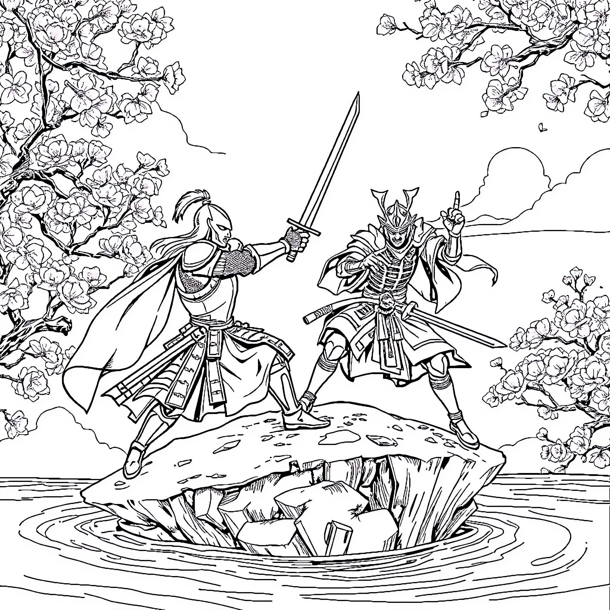 Knight warriors clashing swords amidst blossoming trees Coloring Page (free black-and-white line drawing printable PDF for all, from beginners to advanced learners, including children, teens, adults, and seniors)