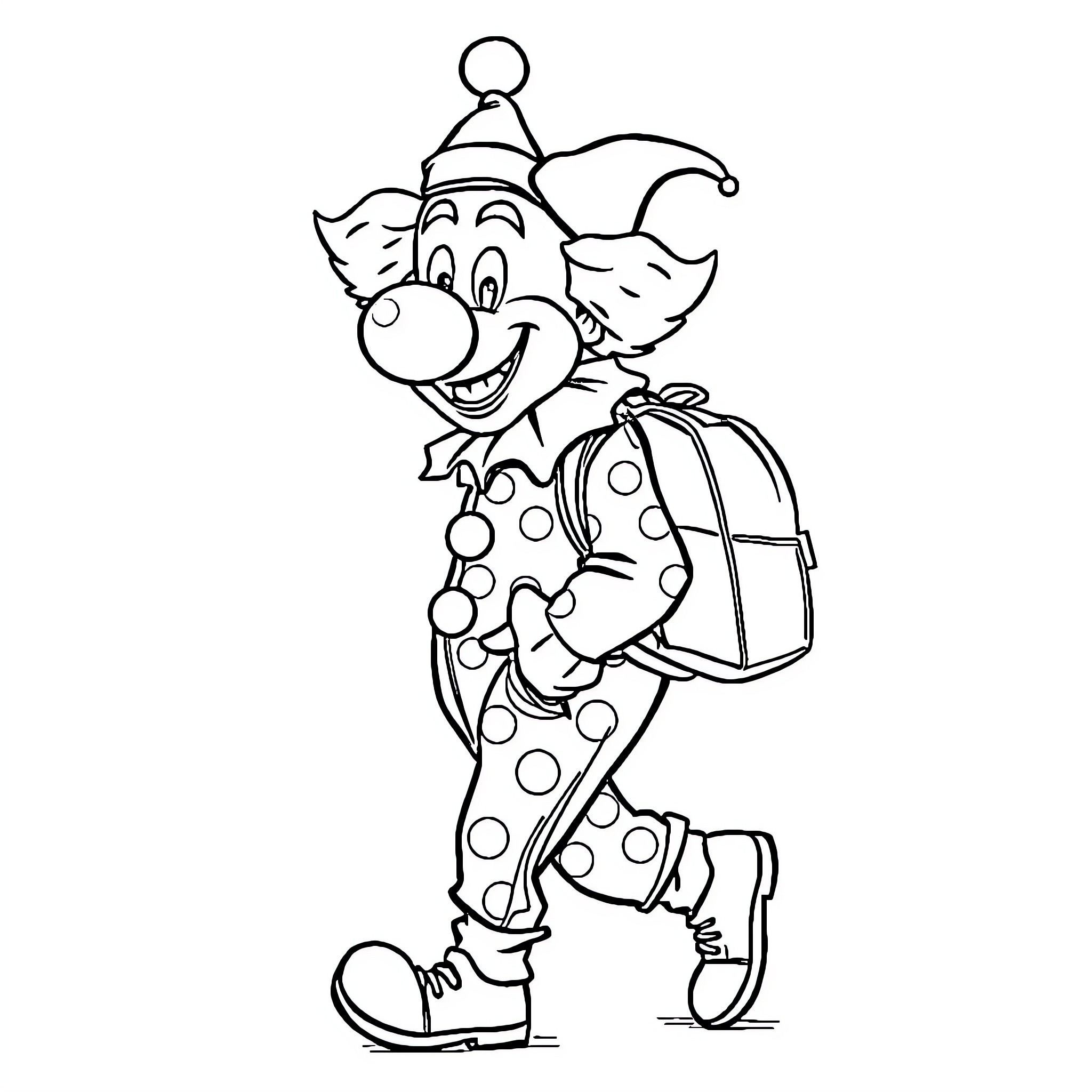 Clown with backpack walking happily Coloring Page (free black-and-white line drawing printable PDF for all, from beginners to advanced learners, including children, teens, adults, and seniors)