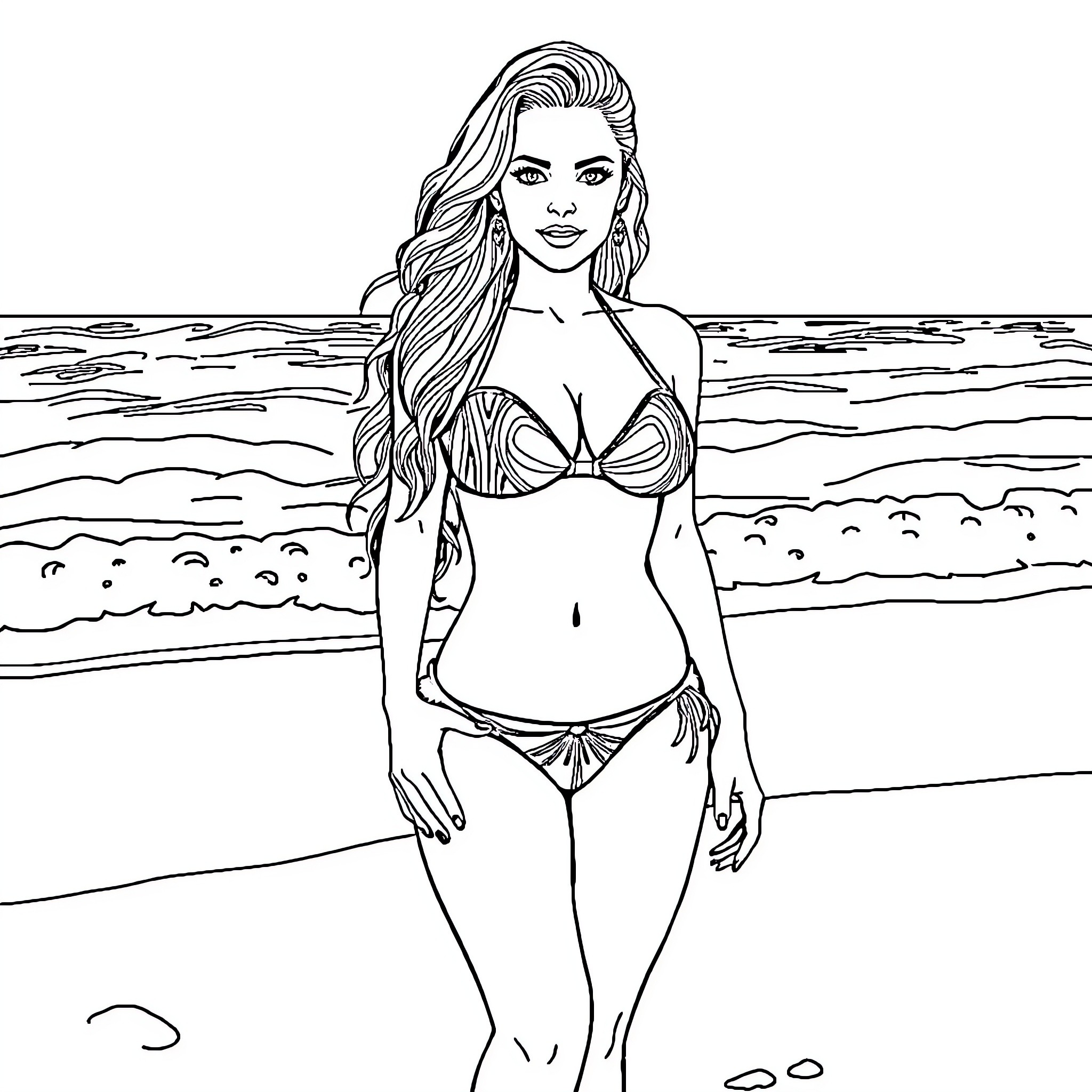 Christy Mack posing confidently in a swimsuit on the beach Coloring Page (free black-and-white line drawing printable PDF for all, from beginners to advanced learners, including children, teens, adults, and seniors)