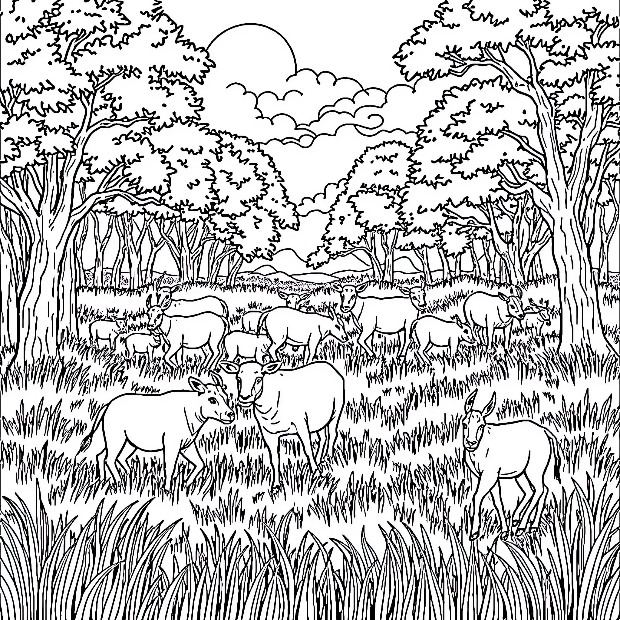 Animal herd grazing peacefully in the wilderness Coloring Page (free black-and-white line drawing printable PDF for all, from beginners to advanced learners, including children, teens, adults, and seniors)