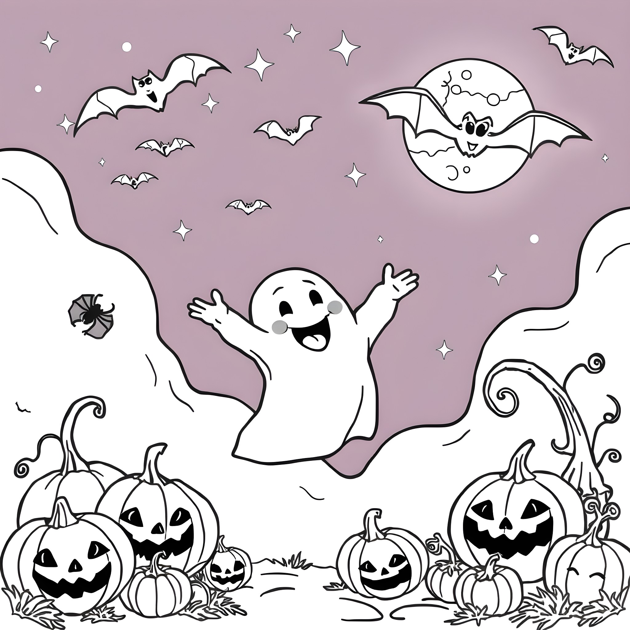 Ghost's Spooky Celebration in the Moonlit Night Coloring Page (free black-and-white line drawing printable PDF for all, from beginners to advanced learners, including children, teens, adults, and seniors)