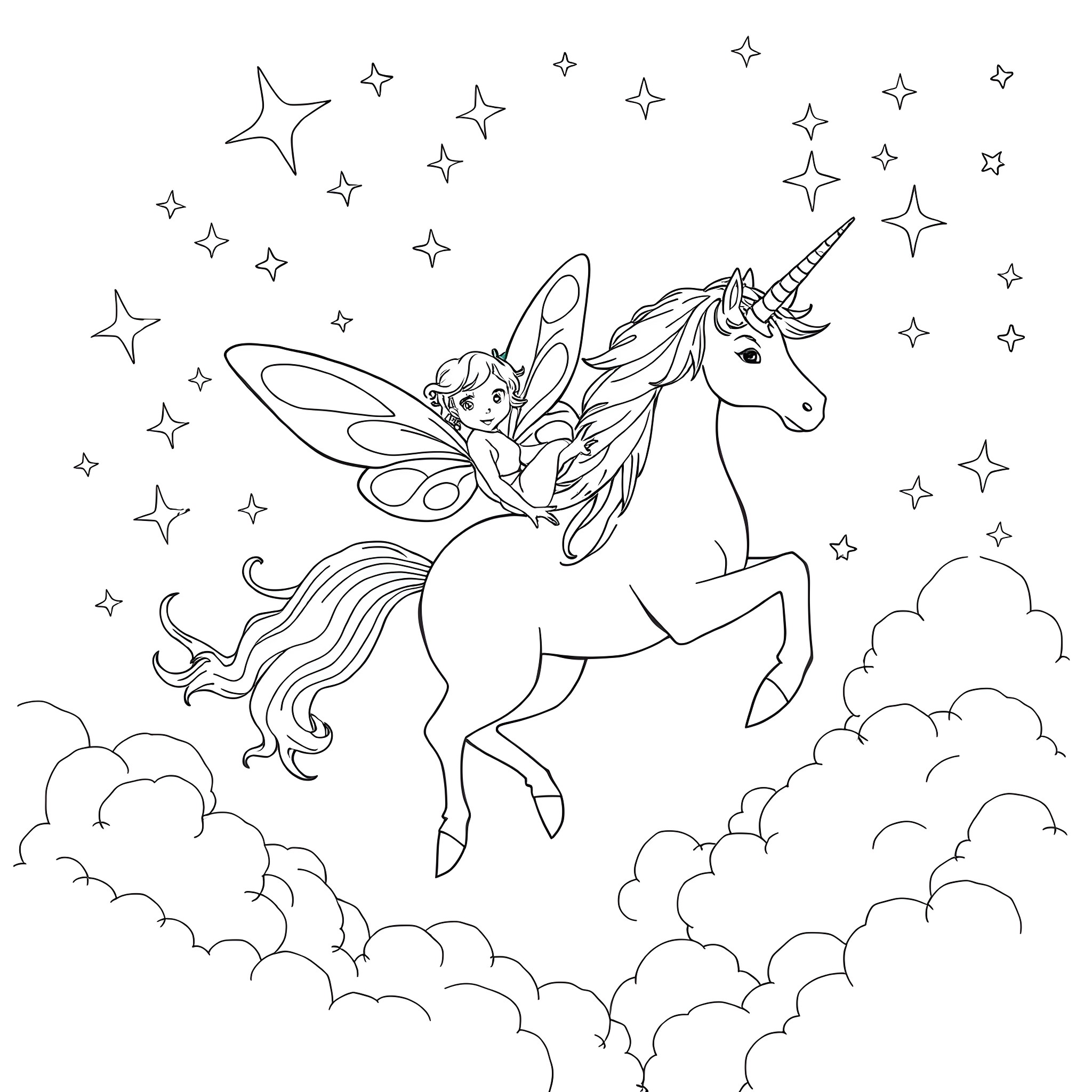 Fairy riding a majestic unicorn through the starry sky Coloring Page (free black-and-white line drawing printable PDF for all, from beginners to advanced learners, including children, teens, adults, and seniors)