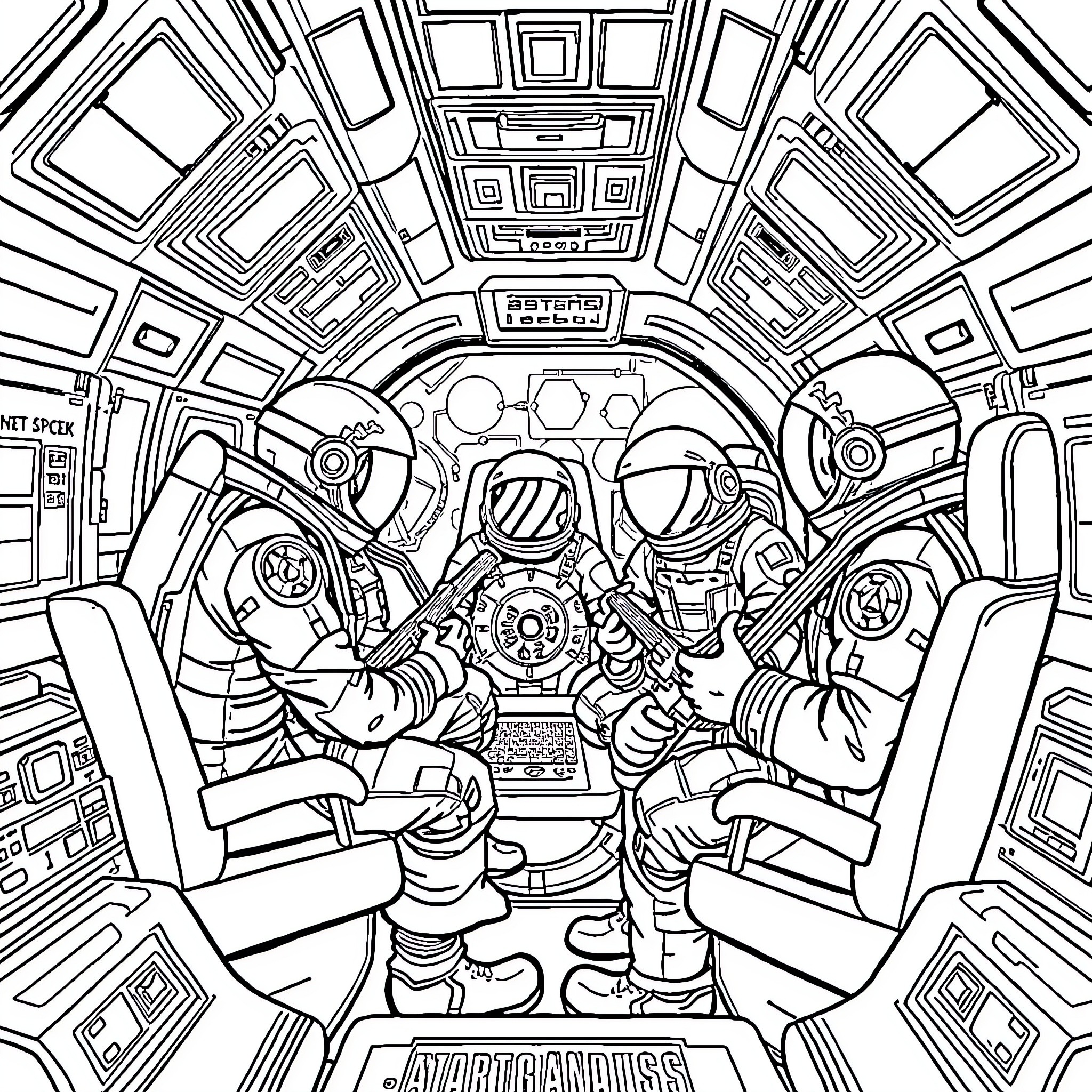Among Us: Astronauts in the Cockpit Coloring Page (free black-and-white line drawing printable PDF for all, from beginners to advanced learners, including children, teens, adults, and seniors)