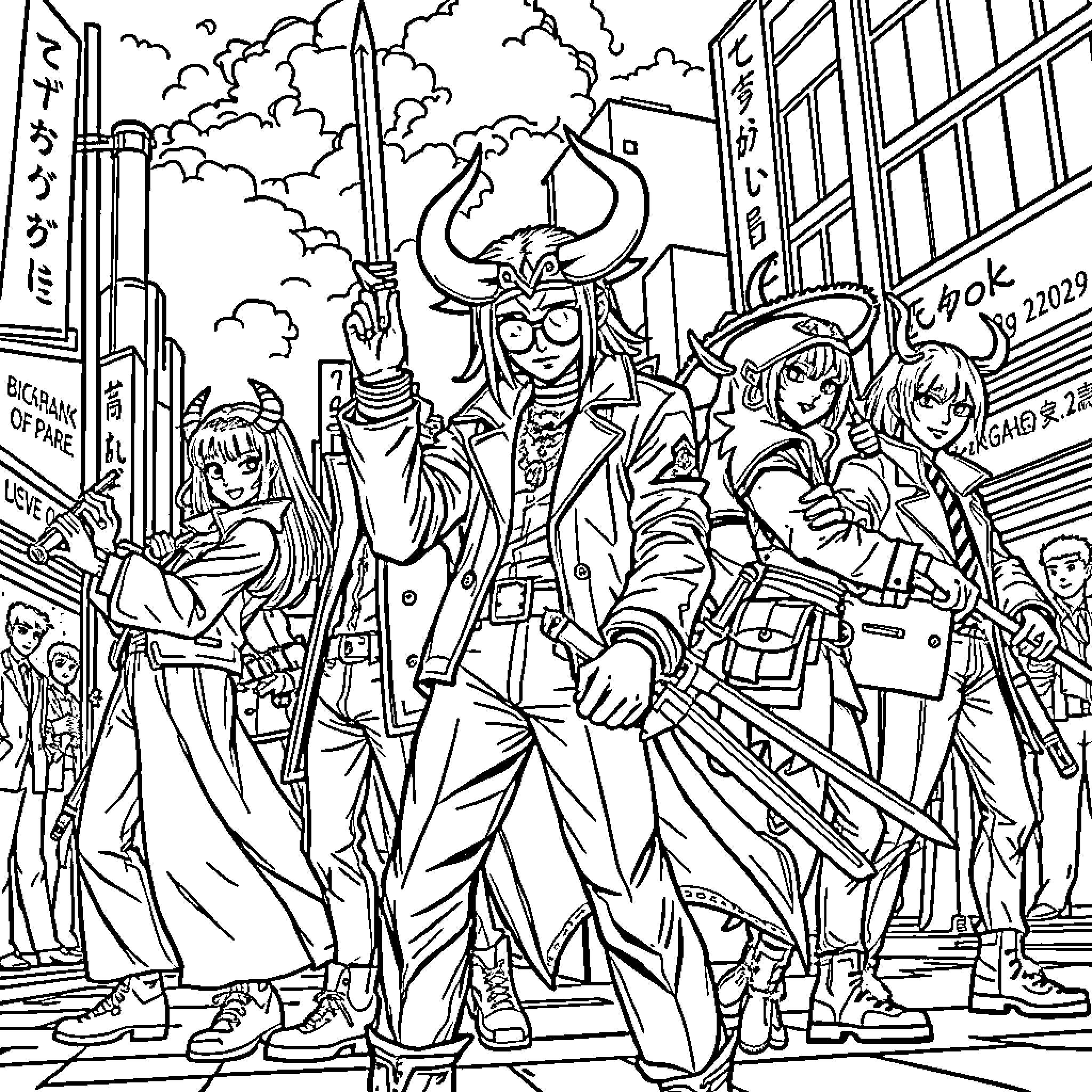 Demon Hunter Leads Ragtag Group on Mission in Metropolis Coloring Page (free black-and-white line drawing printable PDF for all, from beginners to advanced learners, including children, teens, adults, and seniors)