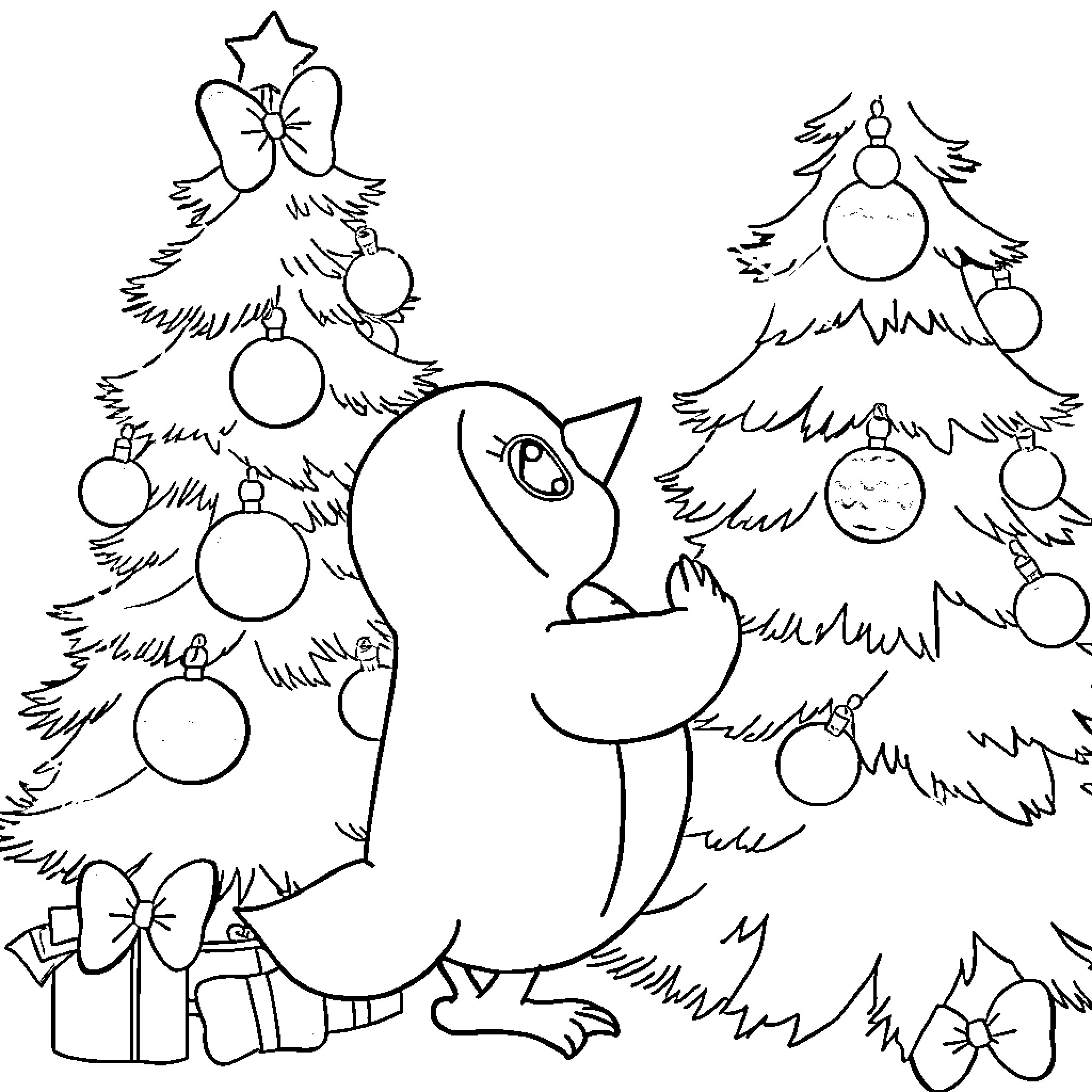 Piplup Decorating Christmas Trees with Ornaments Coloring Page (free black-and-white line drawing printable PDF for all, from beginners to advanced learners, including children, teens, adults, and seniors)