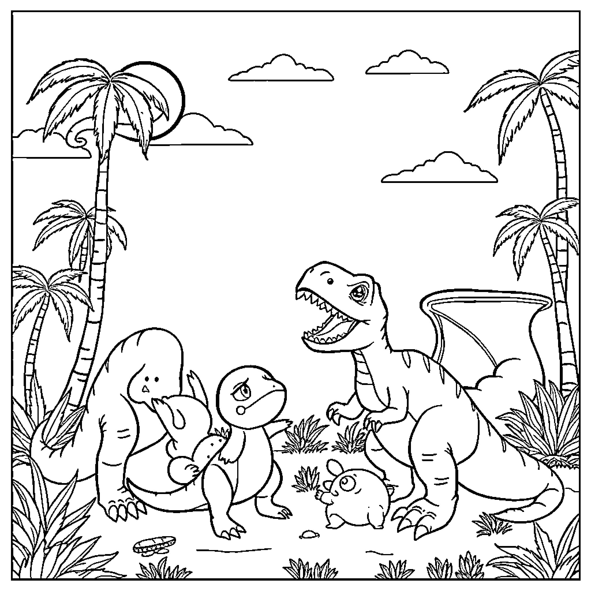 Dinosaurs Exploring Tropical Landscape Coloring Page (free black-and-white line drawing printable PDF for all, from beginners to advanced learners, including children, teens, adults, and seniors)
