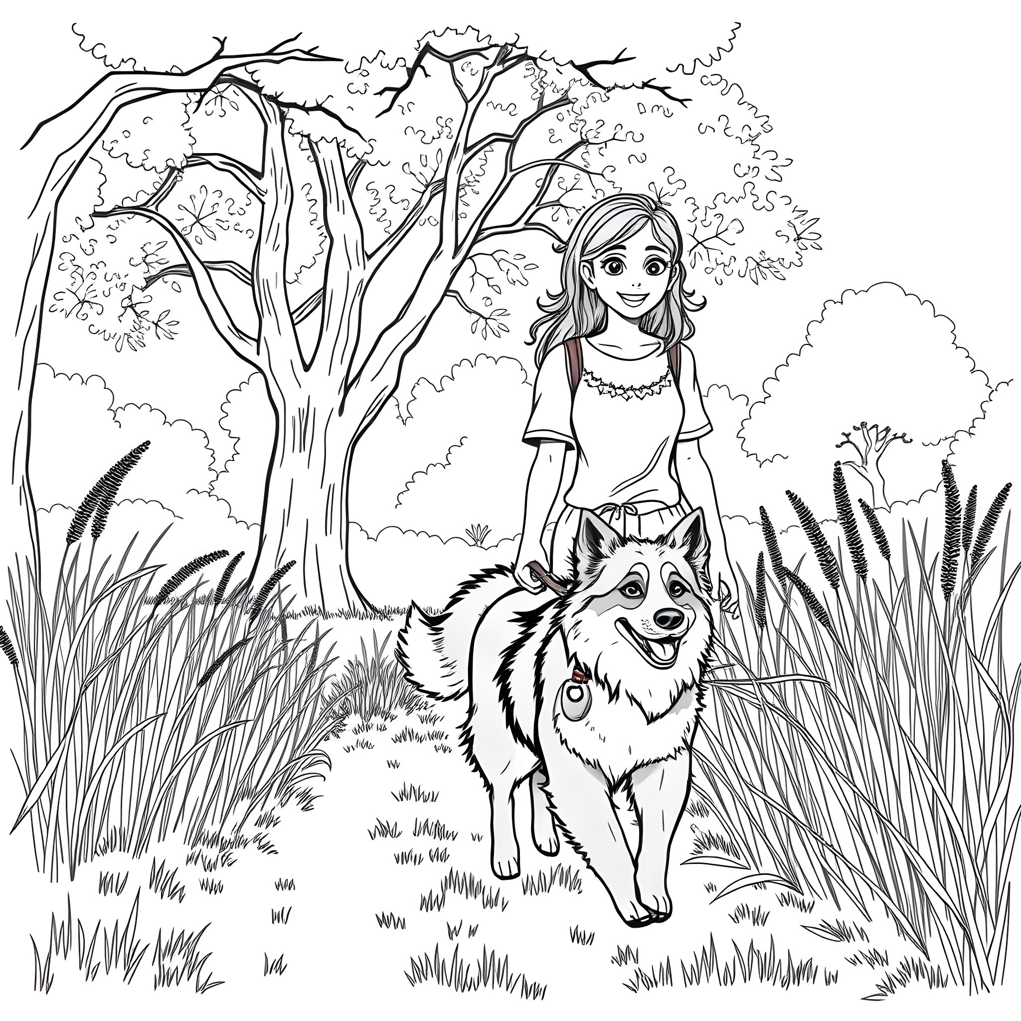 Teen Girl Walking Her Dog in the Countryside Coloring Page (free black-and-white line drawing printable PDF for all, from beginners to advanced learners, including children, teens, adults, and seniors)