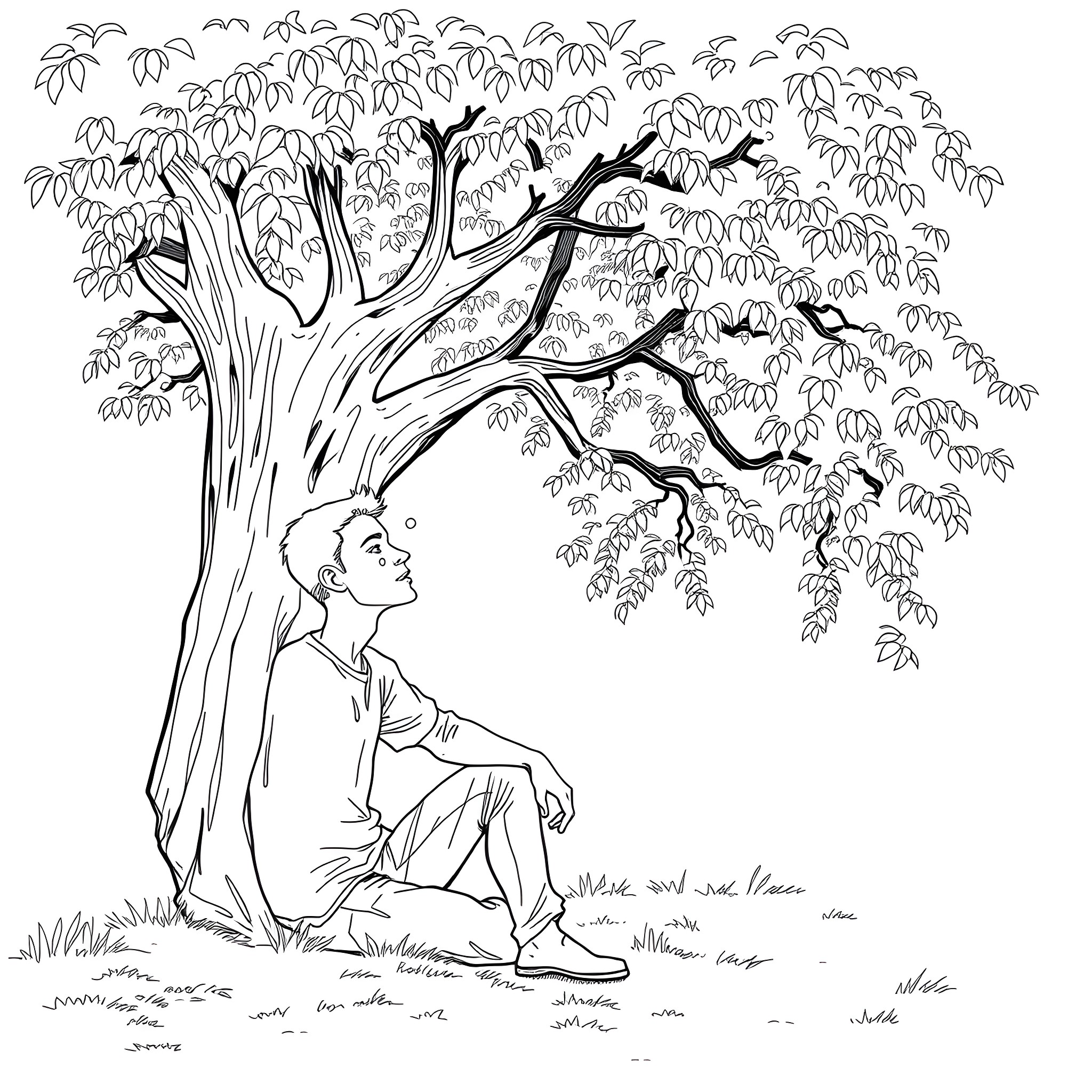 Man sitting under a large tree with lush foliage Coloring Page (free black-and-white line drawing printable PDF for all, from beginners to advanced learners, including children, teens, adults, and seniors)