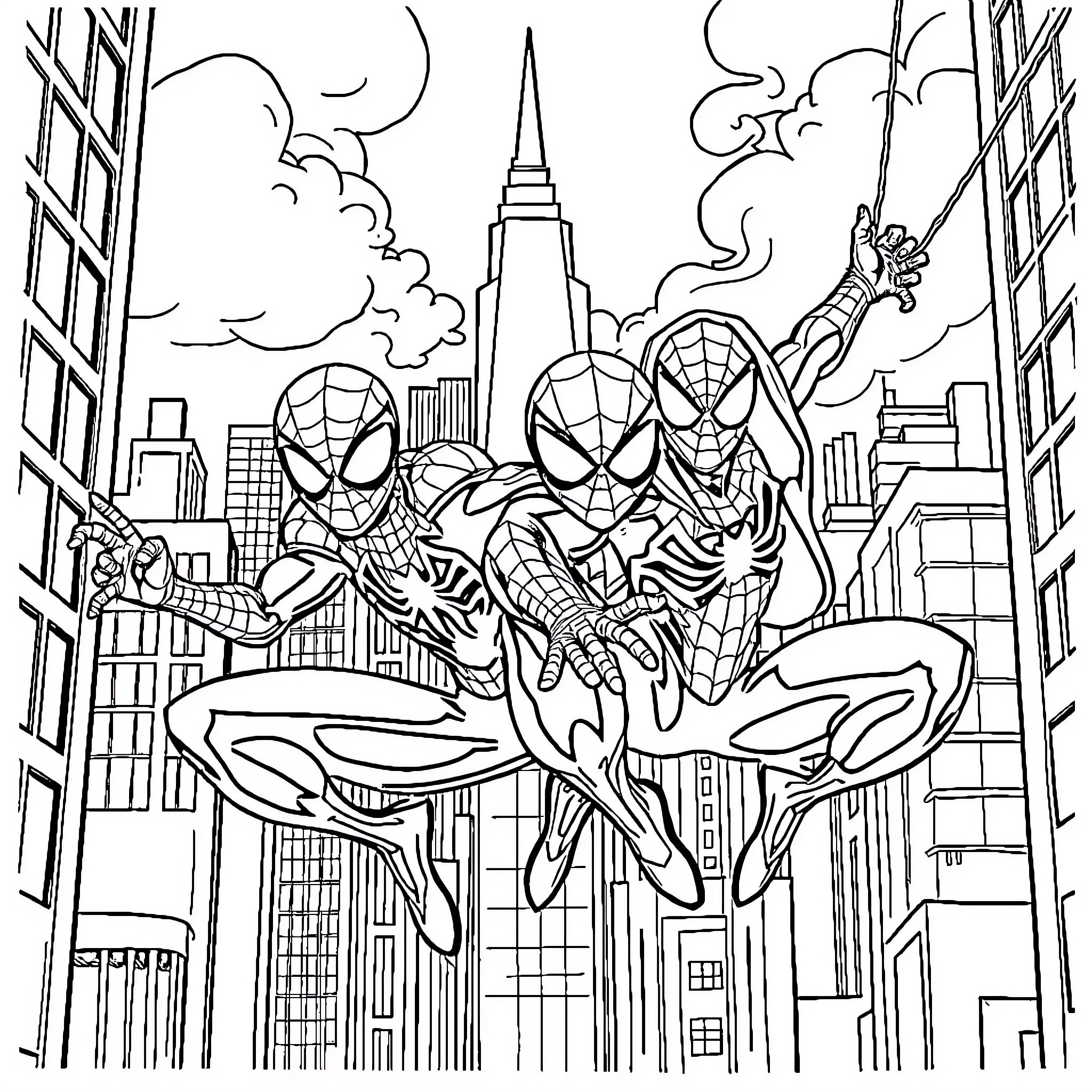 Spiders swing heroically over city skyline Coloring Page (free black-and-white line drawing printable PDF for all, from beginners to advanced learners, including children, teens, adults, and seniors)