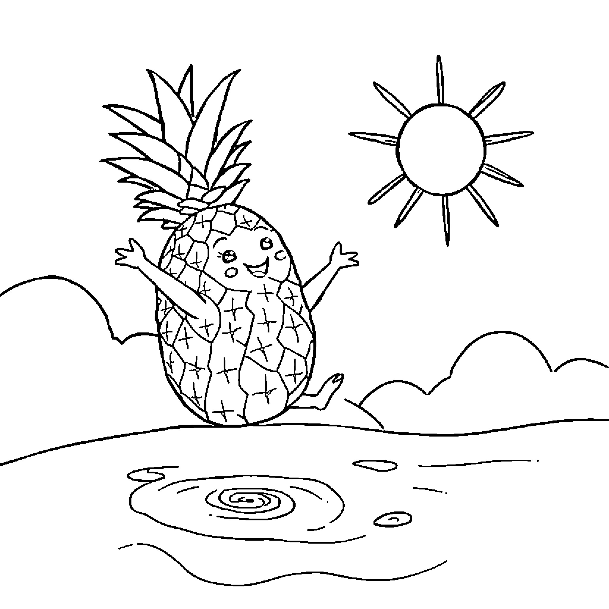Pineapple enjoying sunny day by the lake Coloring Page (free black-and-white line drawing printable PDF for all, from beginners to advanced learners, including children, teens, adults, and seniors)