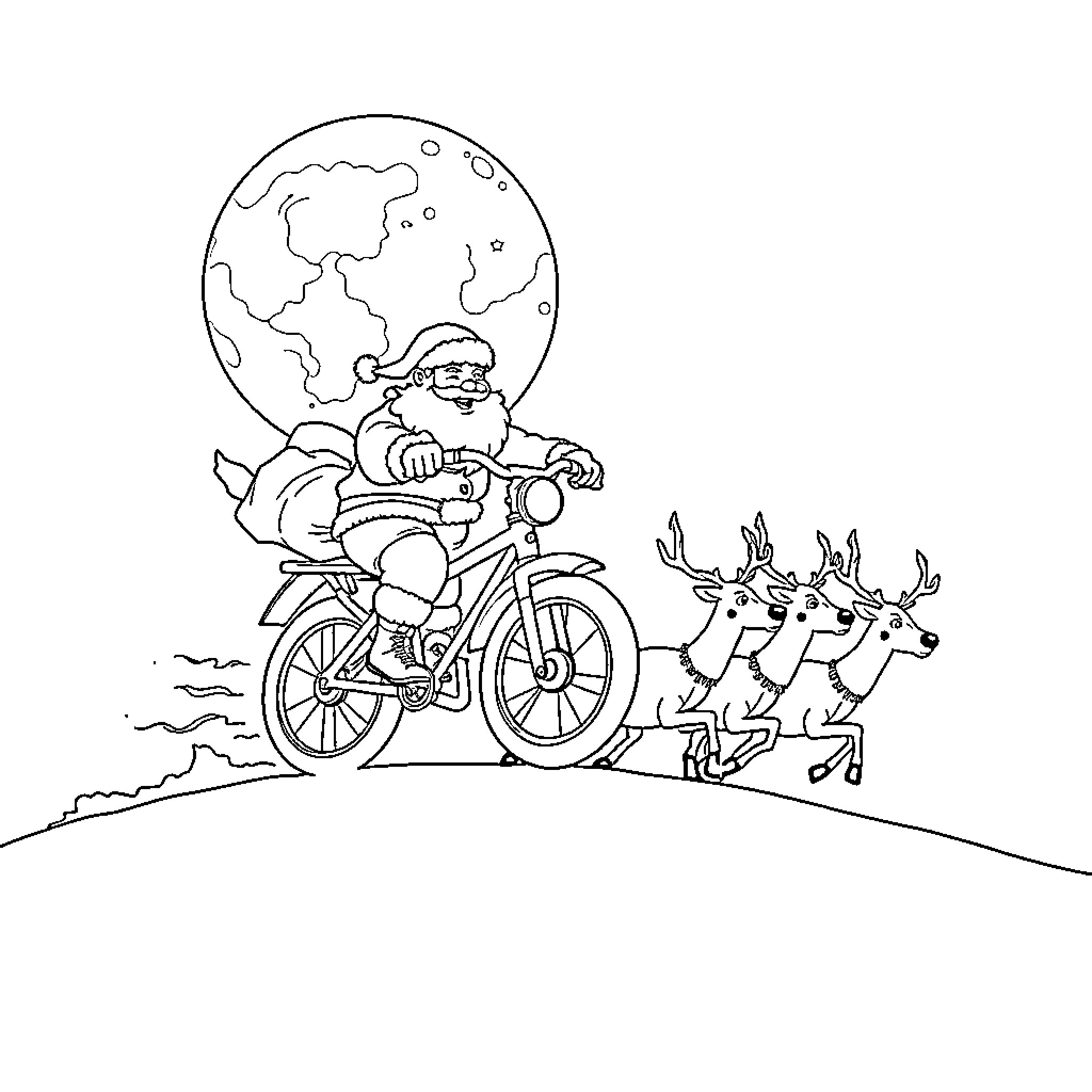 Santa Claus riding a motorcycle with reindeer Coloring Page (free black-and-white line drawing printable PDF for all, from beginners to advanced learners, including children, teens, adults, and seniors)