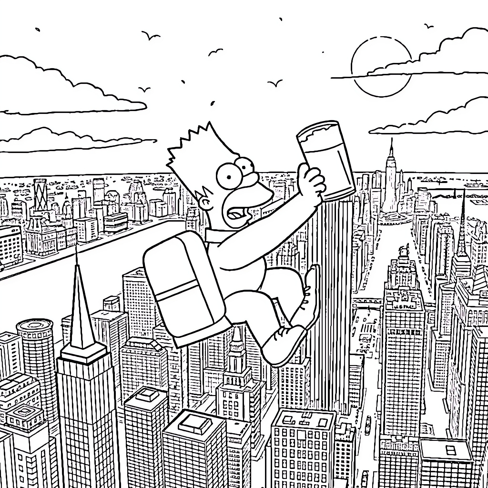 Homero Taking a Selfie Atop the City Skyline Coloring Page (free black-and-white line drawing printable PDF for all, from beginners to advanced learners, including children, teens, adults, and seniors)