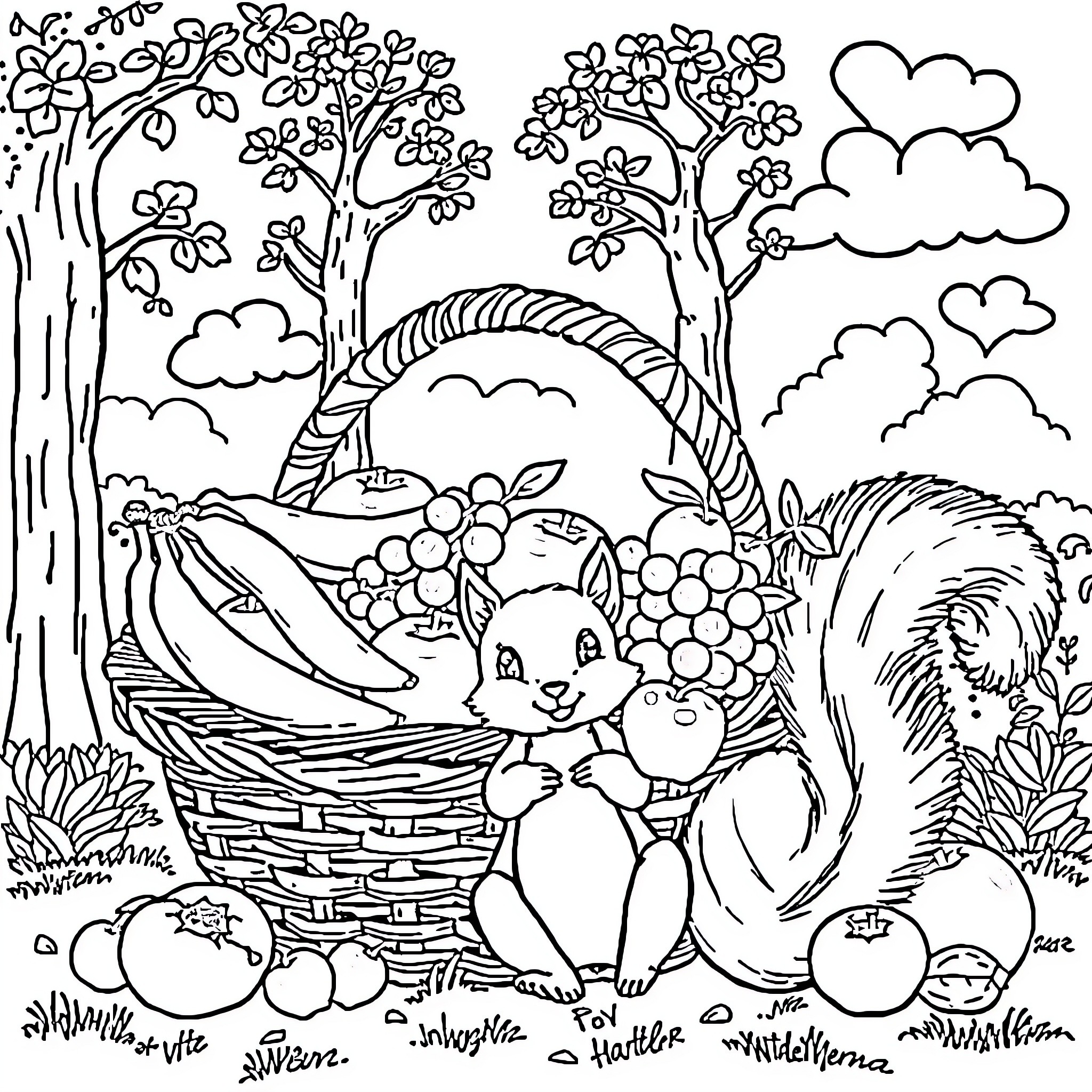 Basket filled with natural elements and animals Coloring Page (free black-and-white line drawing printable PDF for all, from beginners to advanced learners, including children, teens, adults, and seniors)