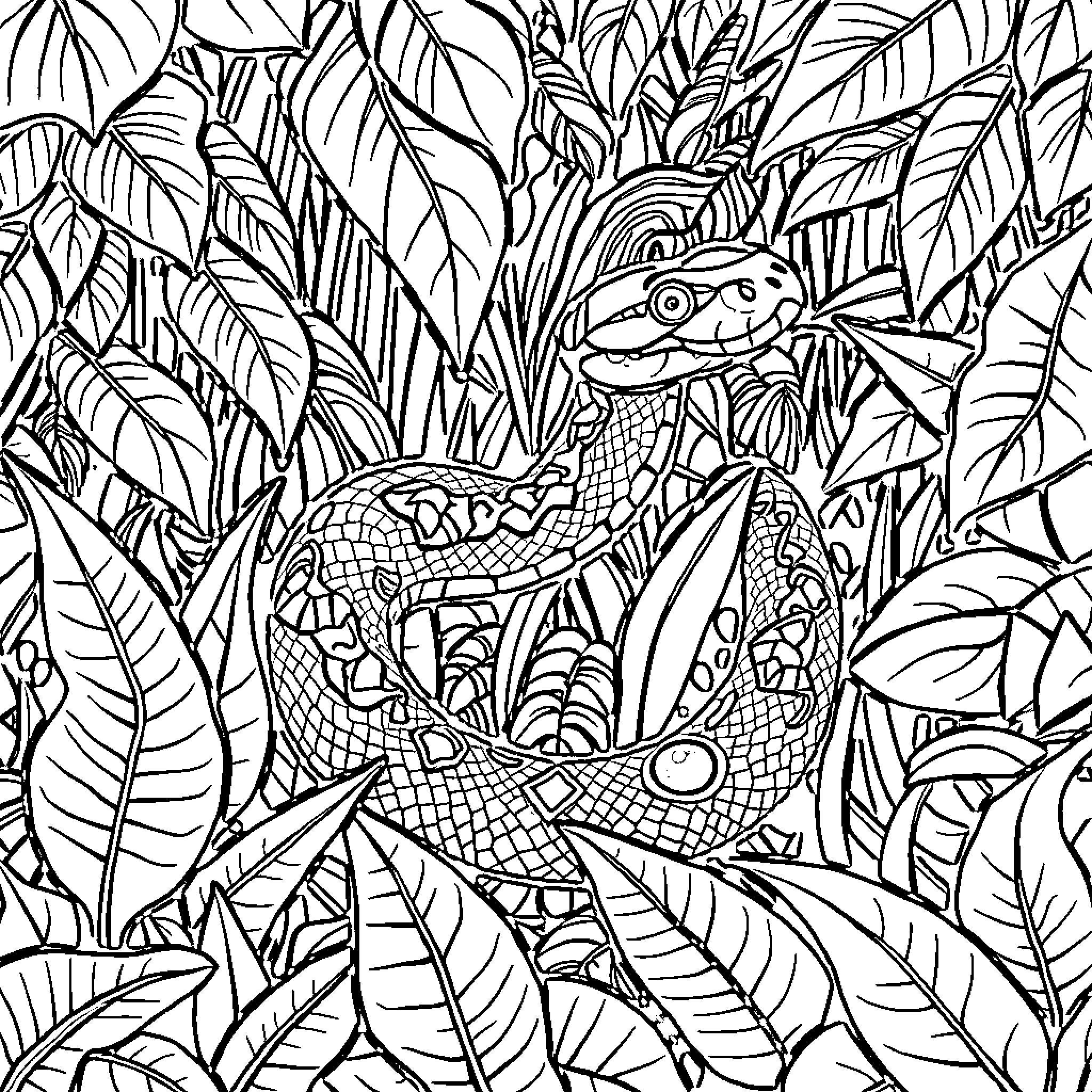 Snake slithering through tropical foliage Coloring Page (free black-and-white line drawing printable PDF for all, from beginners to advanced learners, including children, teens, adults, and seniors)
